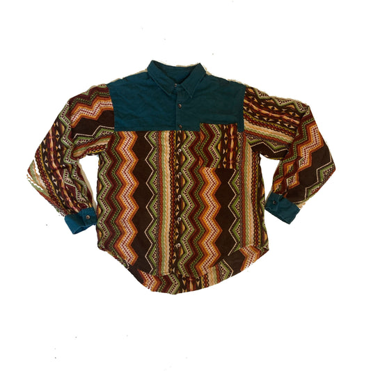 Vintage 80s zig zag psych aztec block panel western cowboy patchwork felt shirt size small