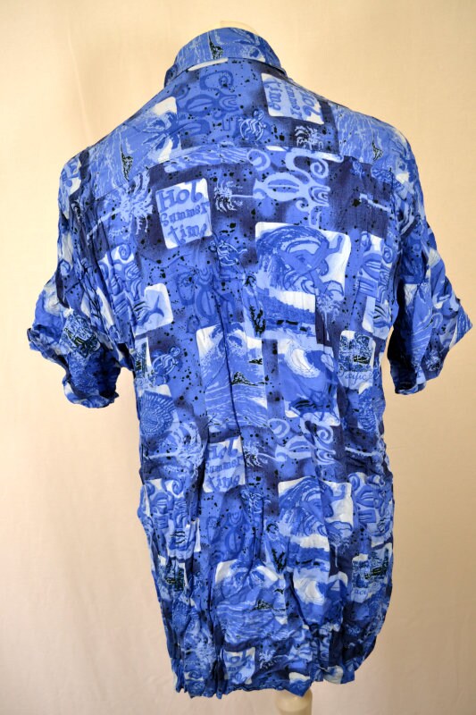 Vintage 90s blue abstract pattern hawaiian style party beach festivals shirt size XL