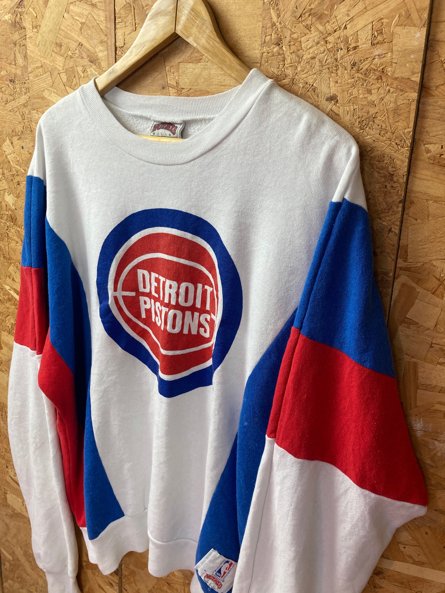 Vintage 80s Detroit Pistons red blue white crew neck sweater size large