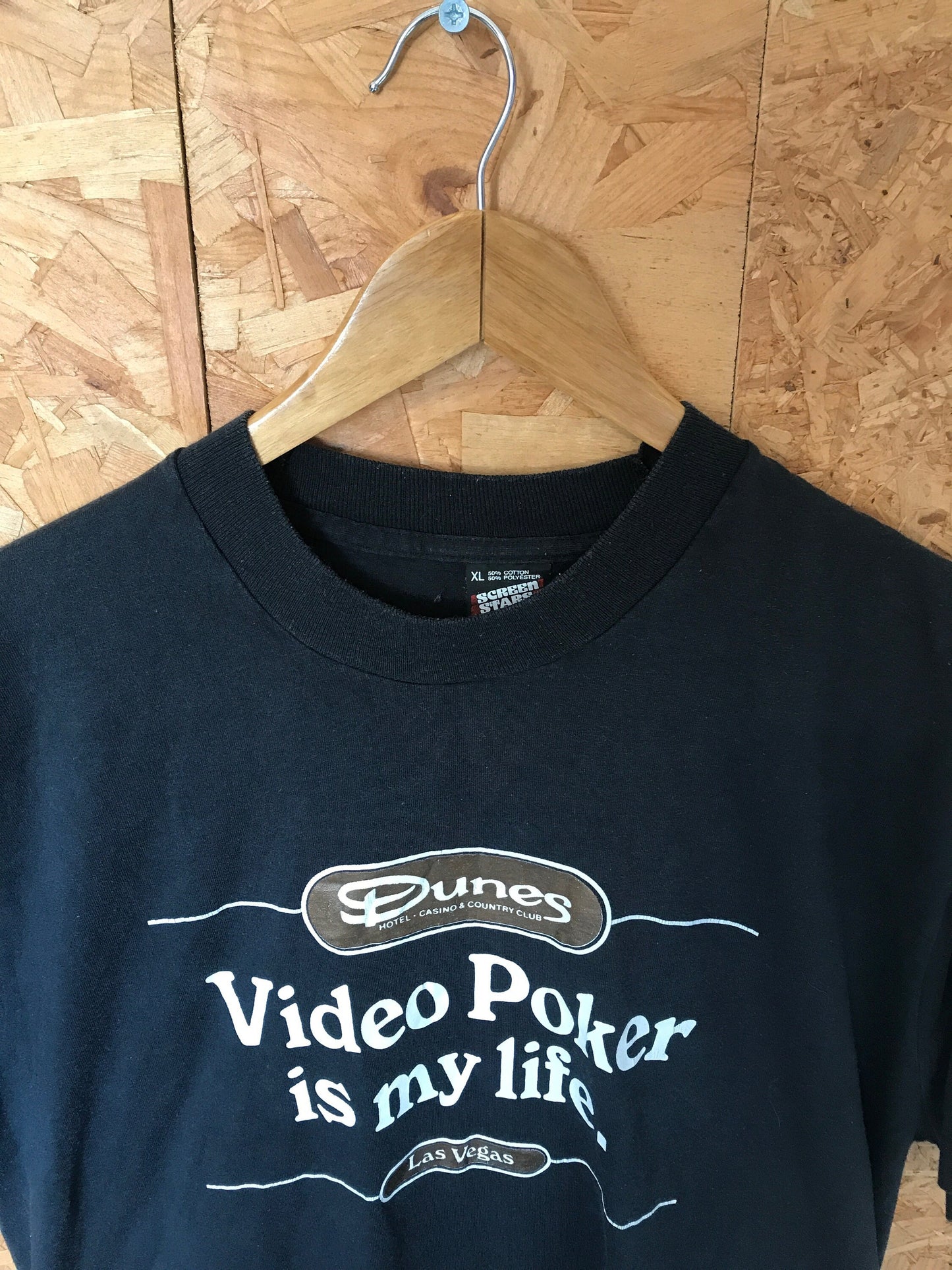 Vintage 90s quirky Video Poker Is My Life Dunes Las Vegas USA black souvenir t-shirt size XL