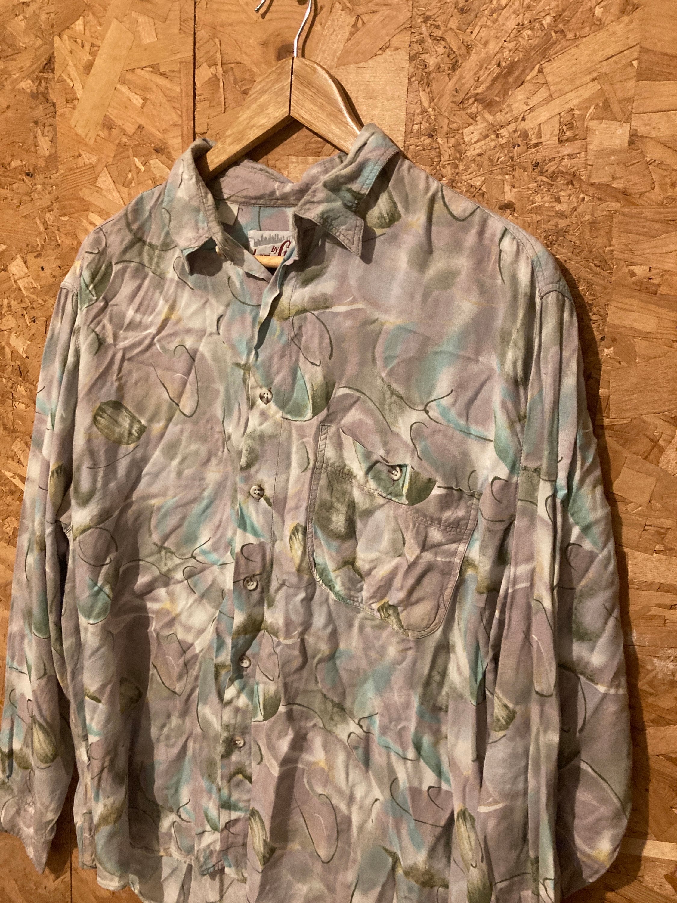 Vintage 90s pastel green lilac abstract watercolour pattern ugly shirt size XL
