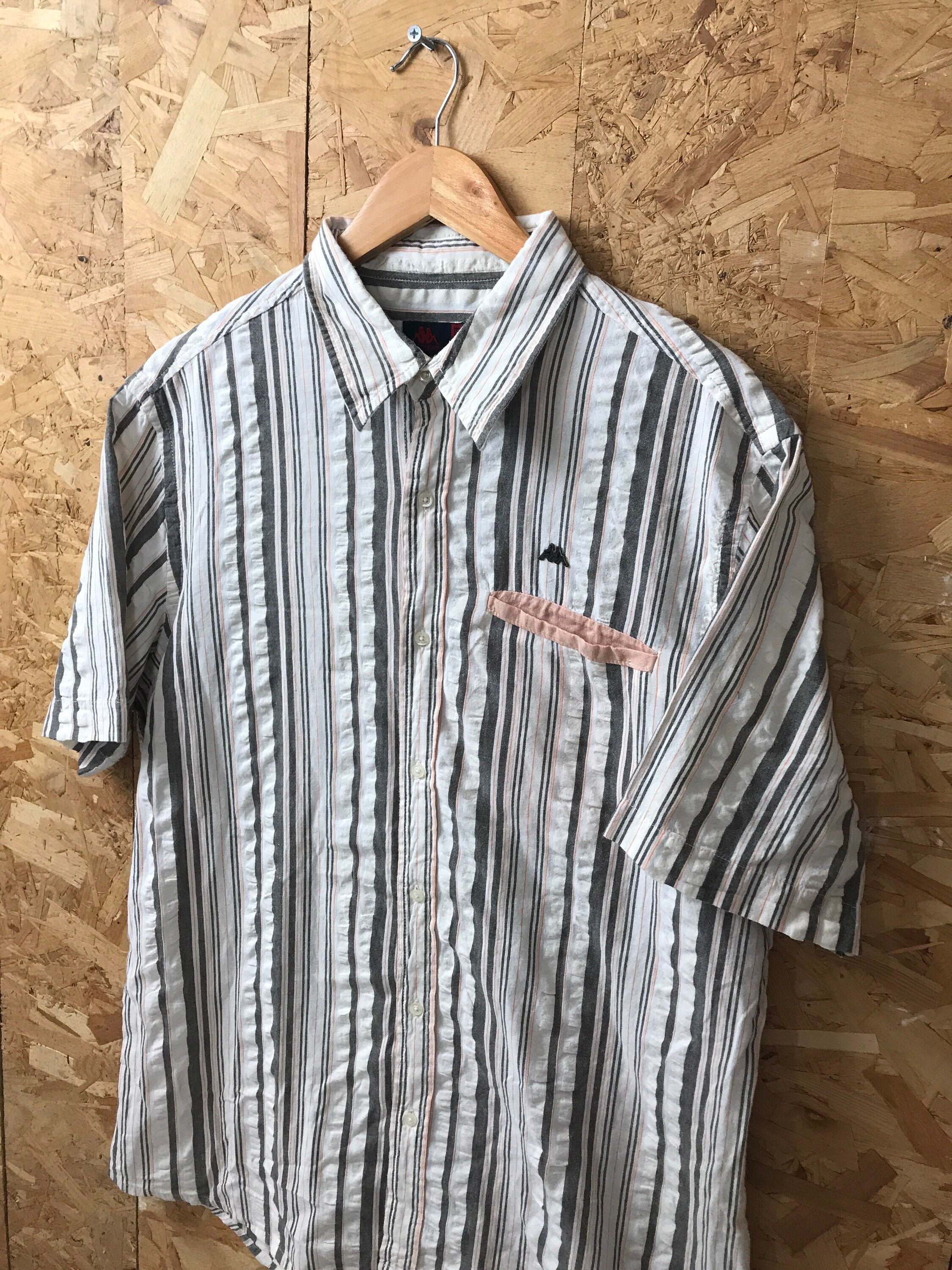 Vintage 90s Robe De Kappa off white coral brown pin striped short sleeve linen shirt size XX large