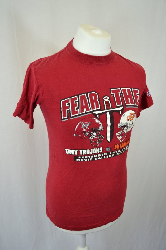 Vintage Y2K Troy trojans vs Oklahoma state USA souvenir red t shirt size small by champion