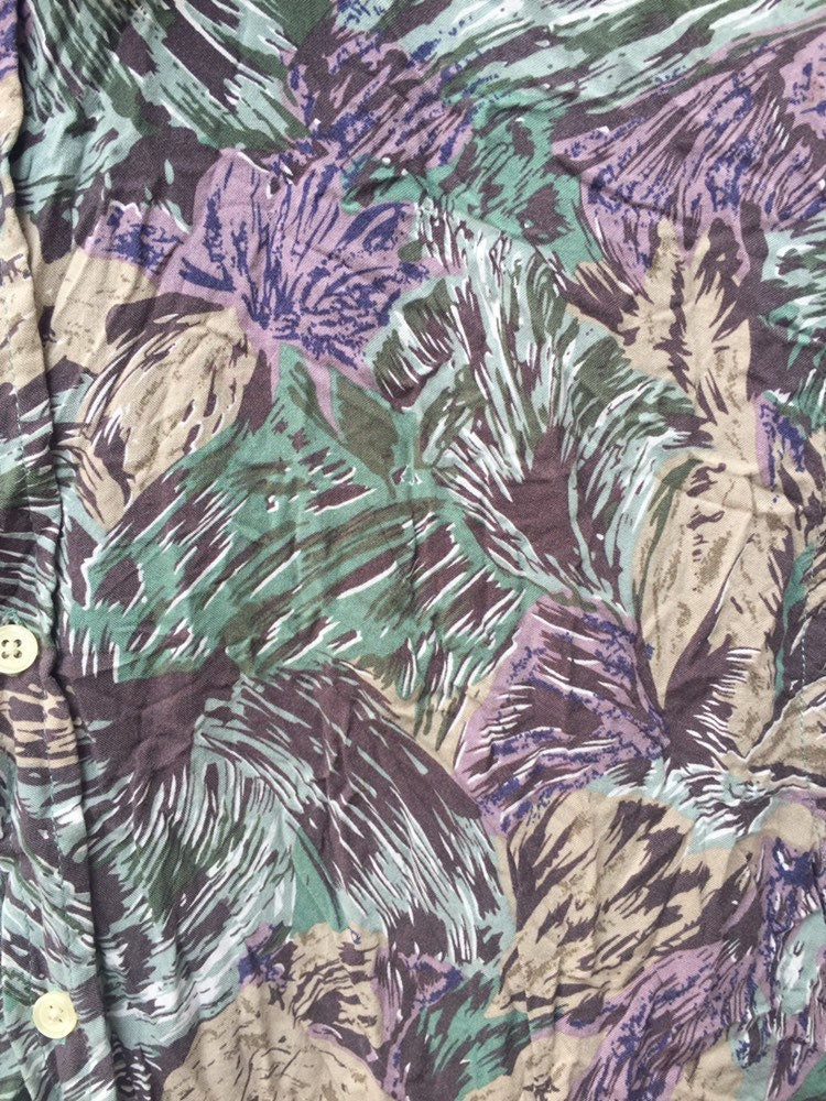 Vintage 90s floral abstract palm leaf hibiscus botanical purple grey green hawaiian party beach shirt size medium