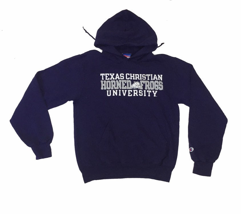 Vintage 90s Champion USA Texas Christian Horner frogs university hoodie purple white embroidered spellout size small