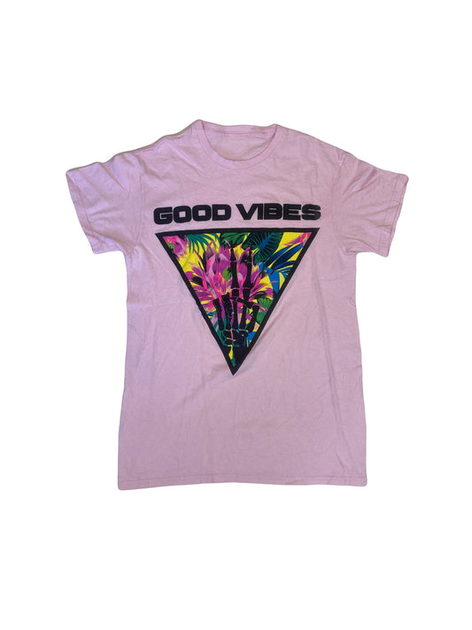 Vintage 90s light pastel pink Good Vibes skeleton hand  t-shirt size medium