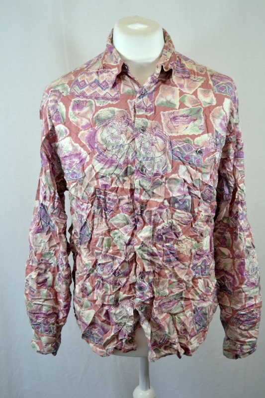 Vintage 90s Pastel pink green abstract Watercolour Print long sleeve rayon party eccentric shirt size XL