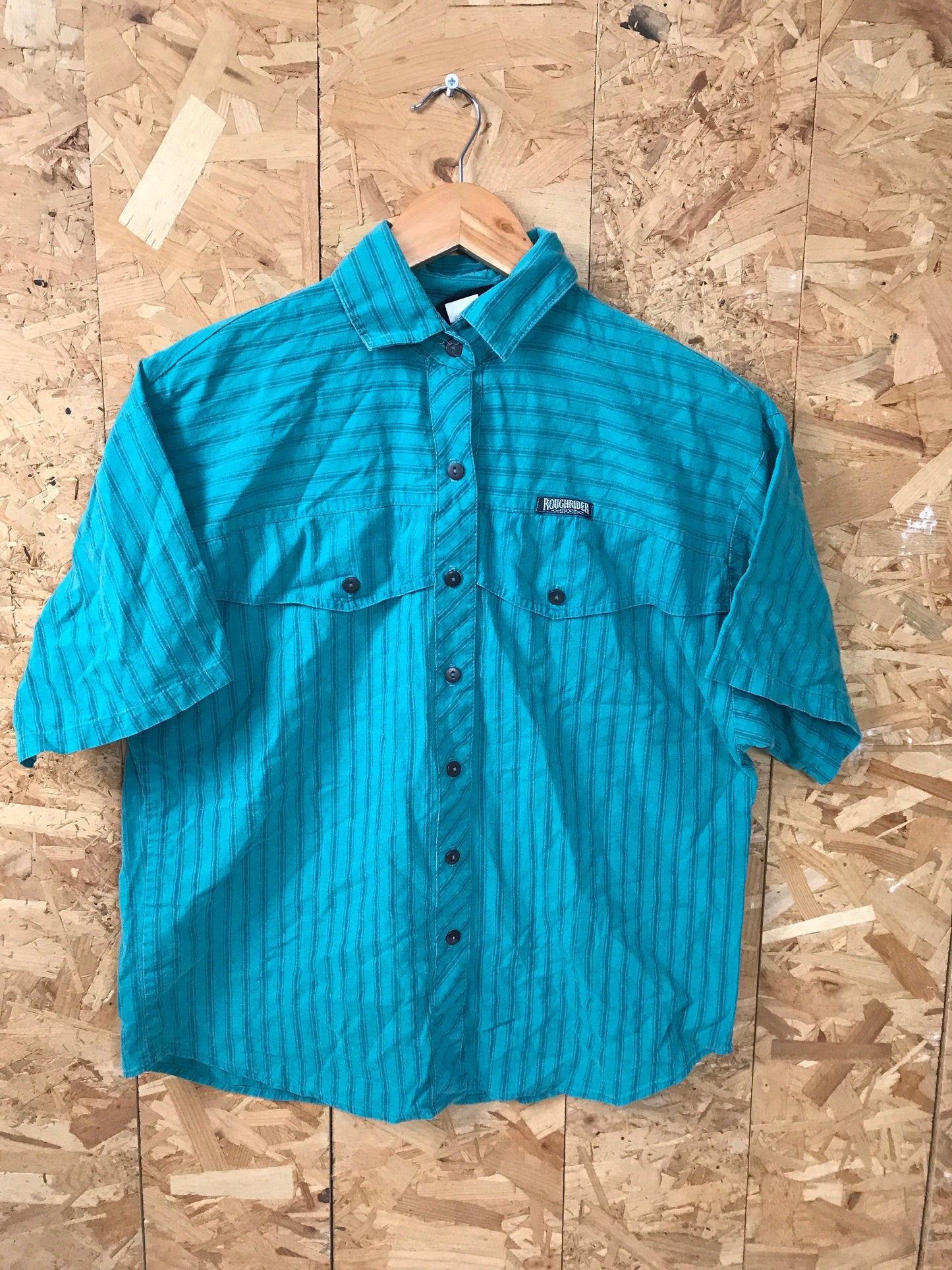 Vintage 90s turquoise green blue stripe twin pocket cowboy western short sleeve shirt by Roughrider