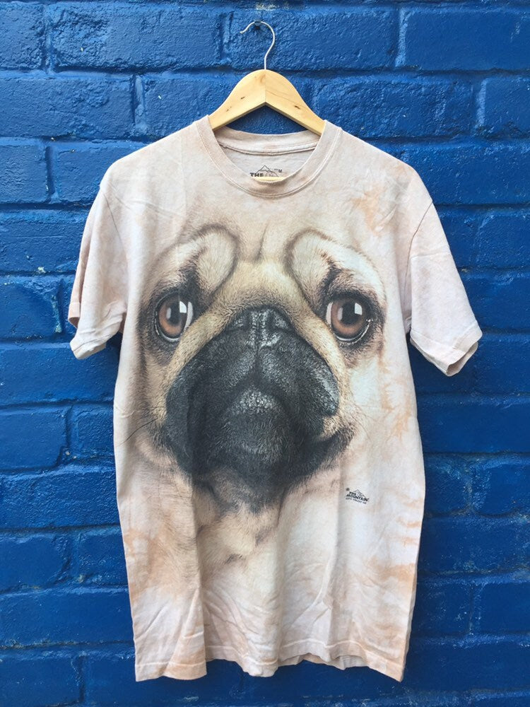 Vintage grungy beige pink nature animal scene pug face dog tie dye t-shirt by The Mountain size medium