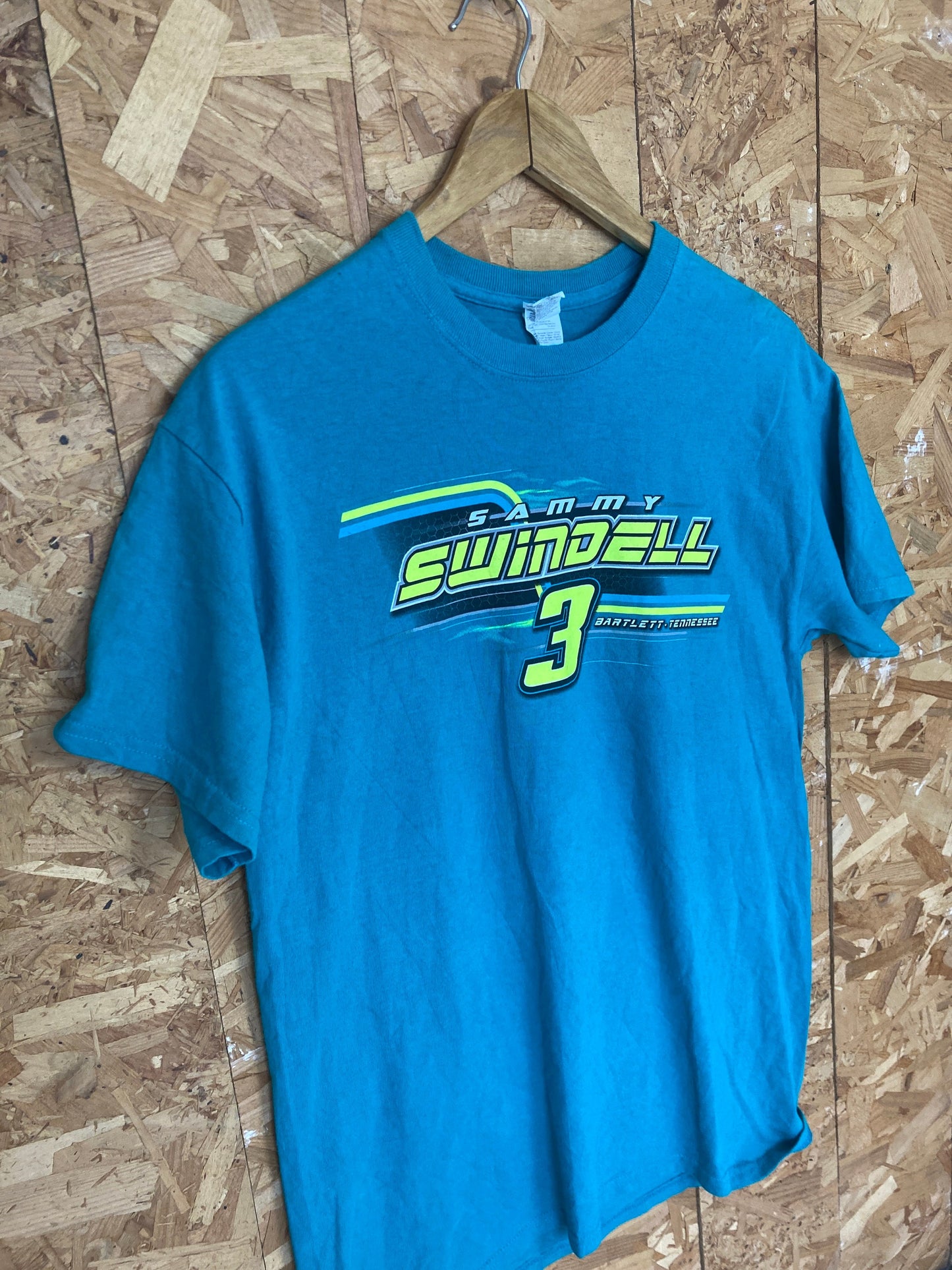 Vintage Y2K nascar racing Sammy Swindle outlaw race souvenir turquoise t-shirt size medium