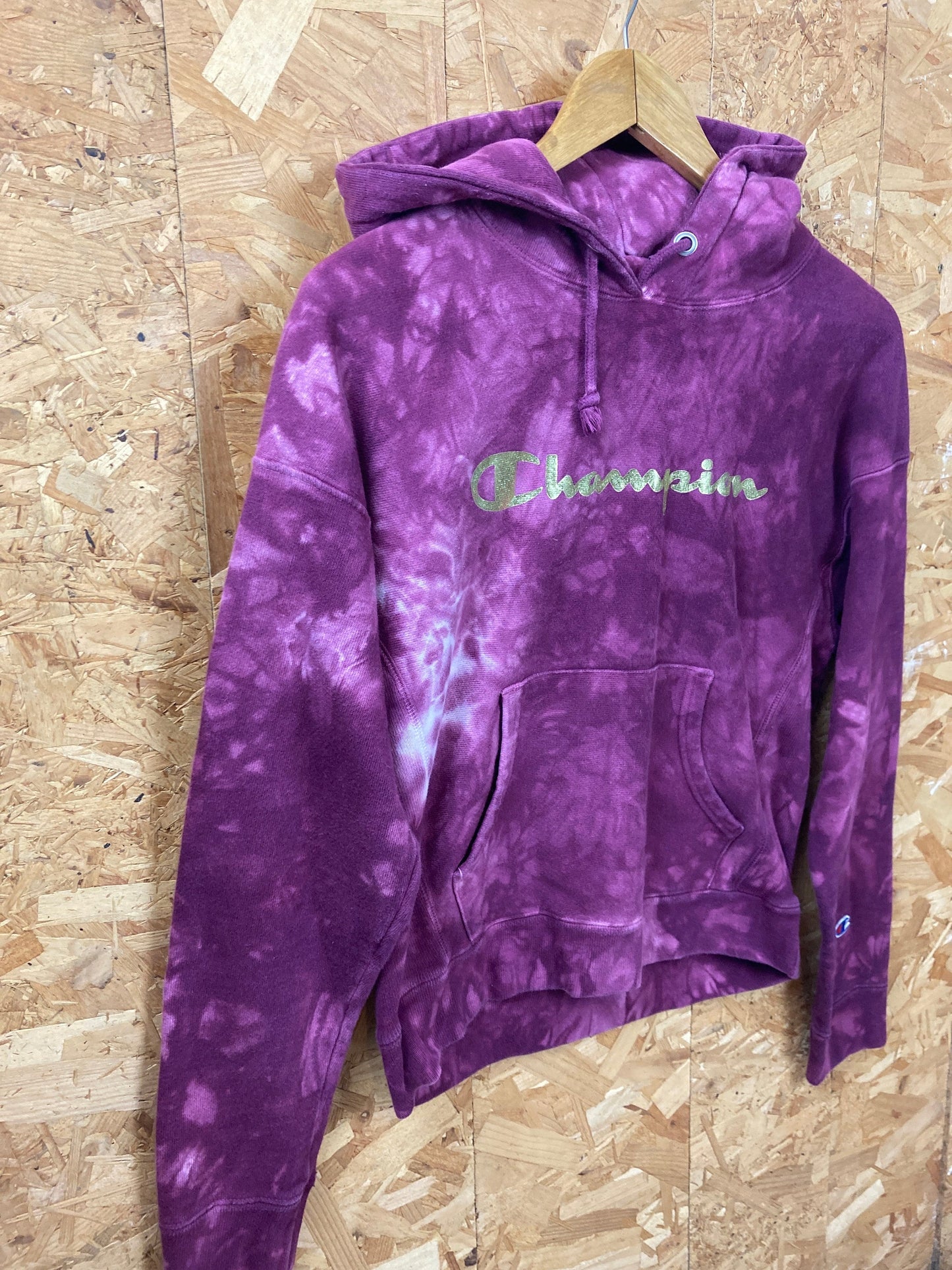 Vintage 90s Champion USA reverse weave  customised tie dye purple hoodie with golden spellout size small