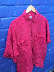 Vintage 90s bright red satin 100% silk oversized unisex twin pockets short sleeve shirt size XL