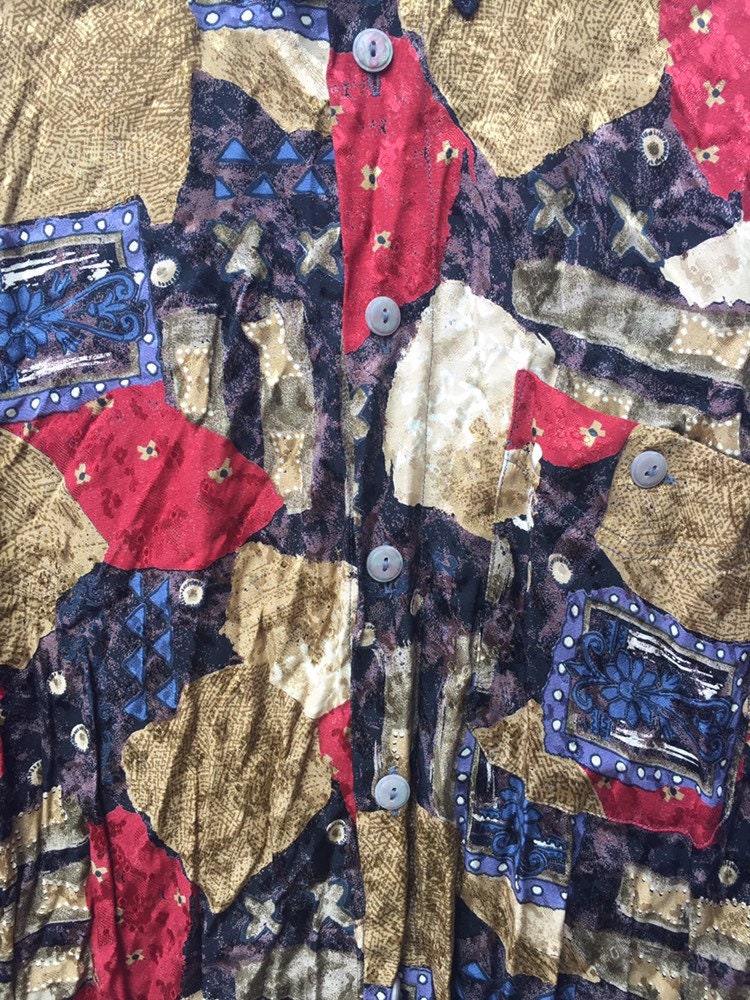 Vintage 90s ugly abstract scrapbook pattern shiny gold red blue party festival long sleeve silky viscose shirt size medium