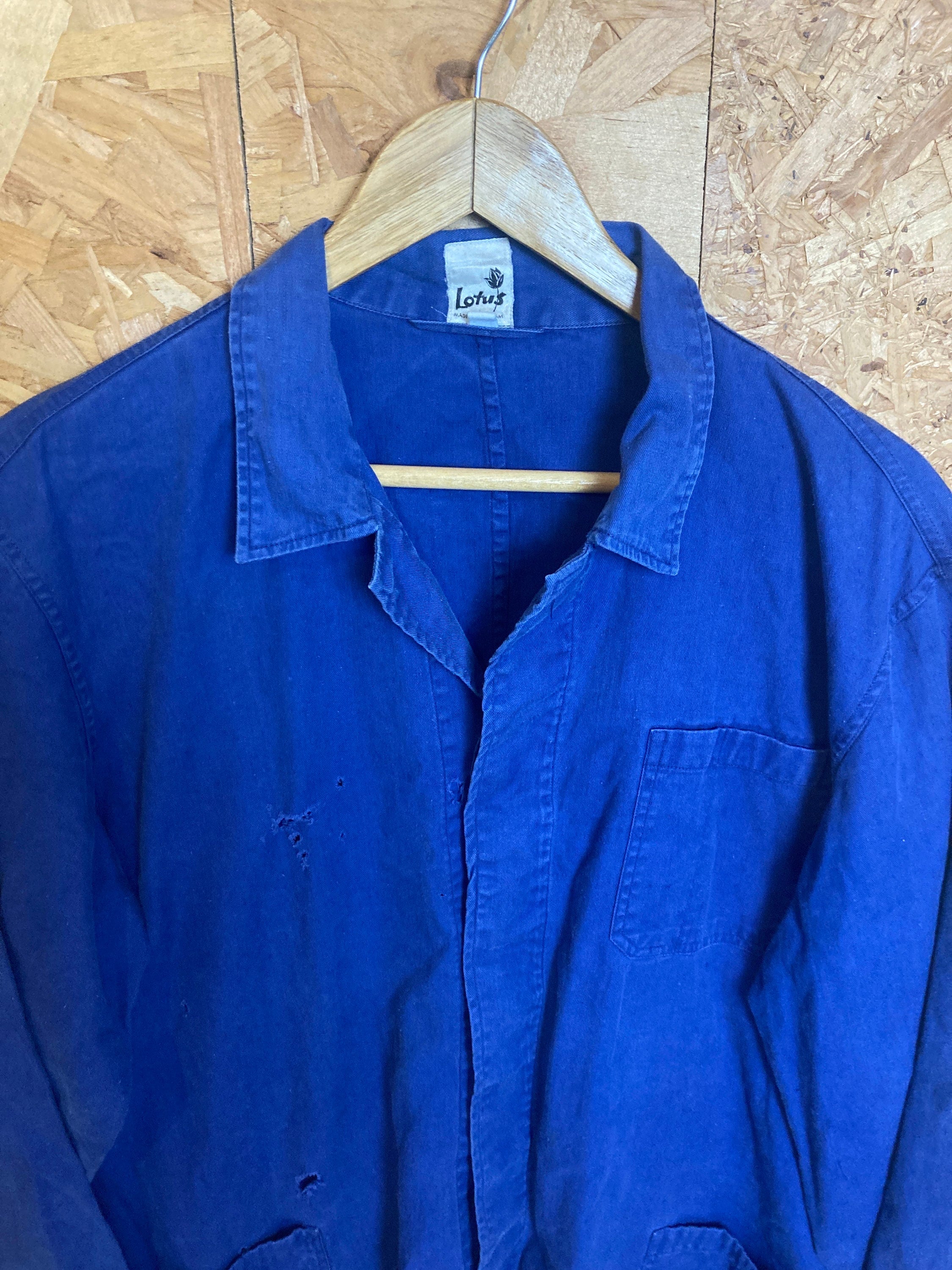 Vintage 80s French blue workers chore sanforized button jacket cotton drill distressed size large by