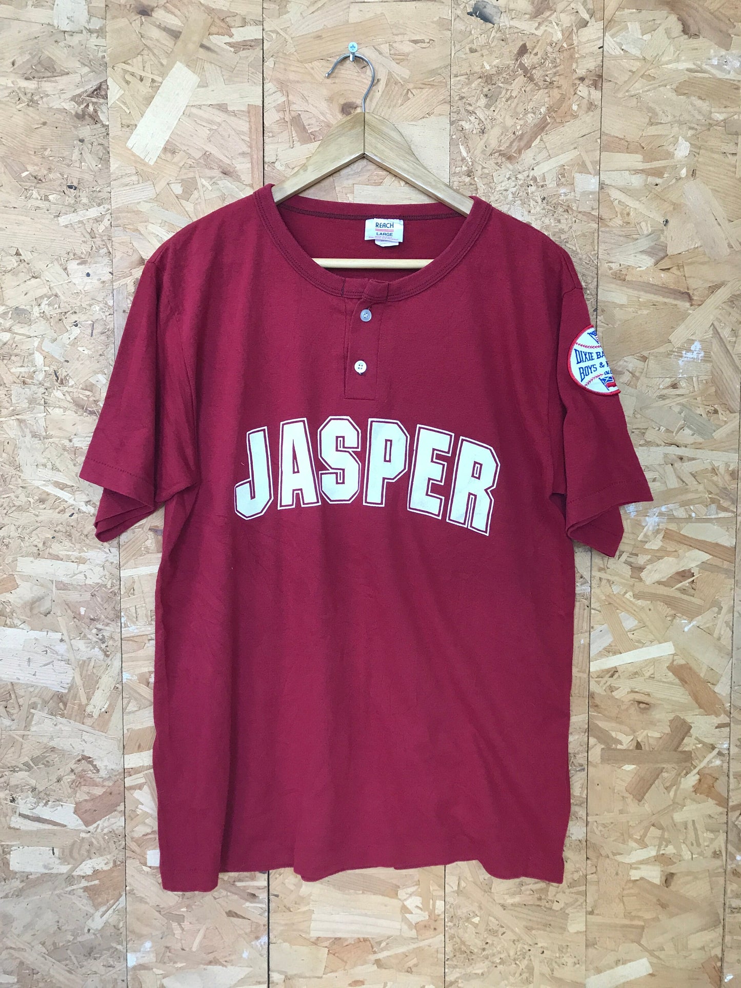 Vintage 90s Jasper Chapman Dixie Baseball League USA dark red button t-shirt size large