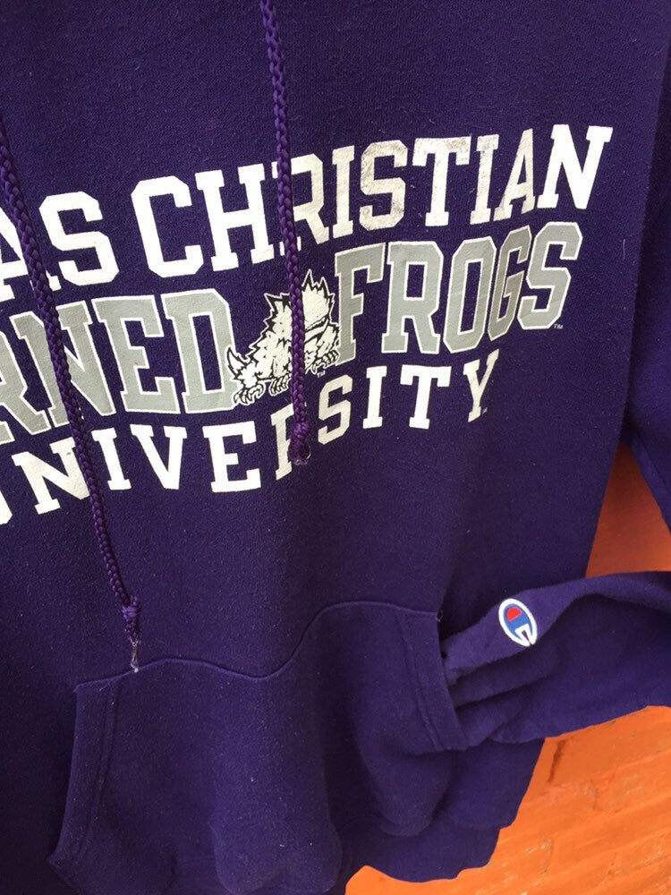 Vintage 90s Champion USA Texas Christian Horner frogs university hoodie purple white embroidered spellout size small