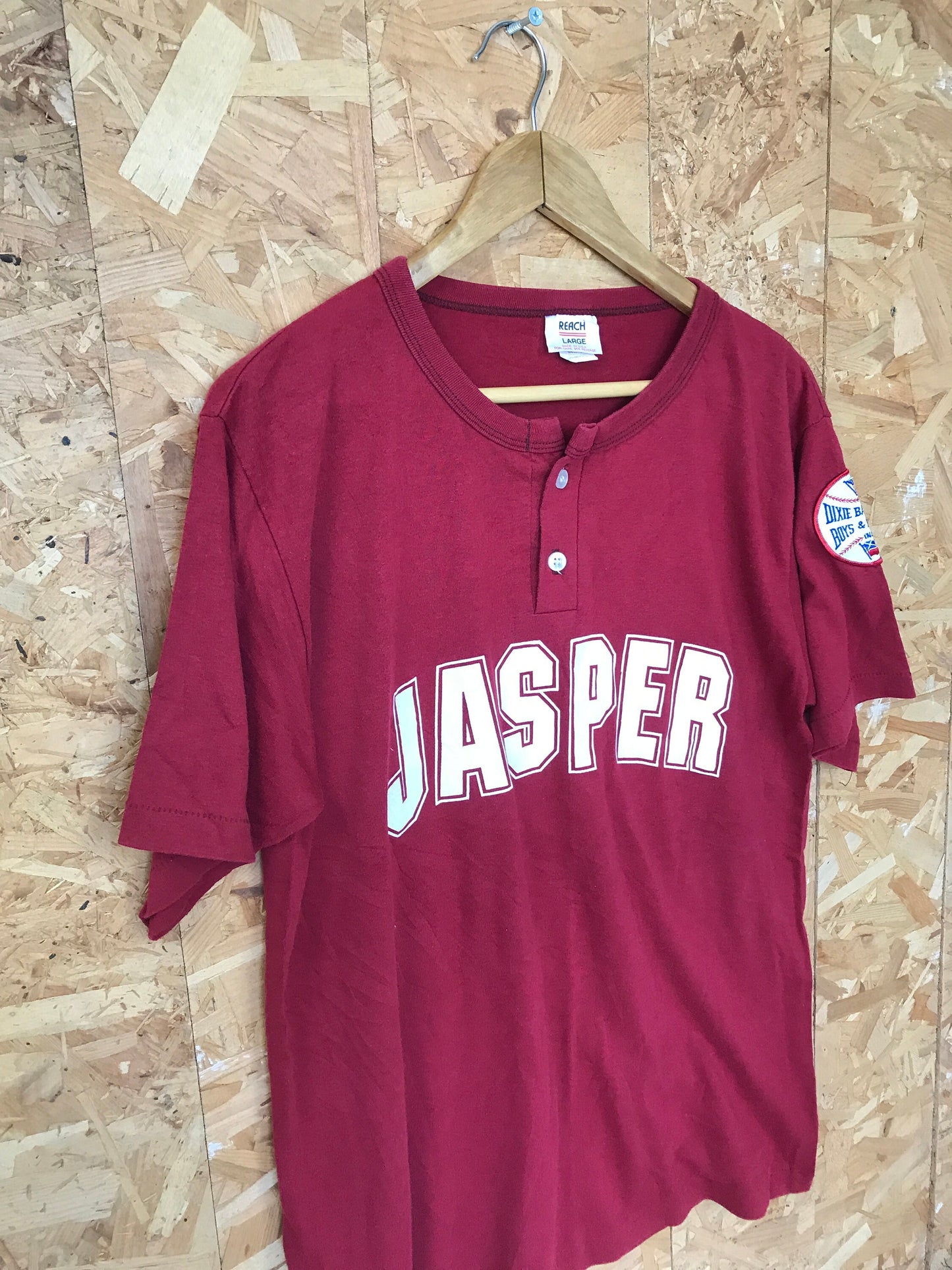 Vintage 90s Jasper Chapman Dixie Baseball League USA dark red button t-shirt size large