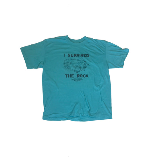 Vintage 80s “I Survived The Rock” Azores Islands souvenir aquamarine blue t shirt size large