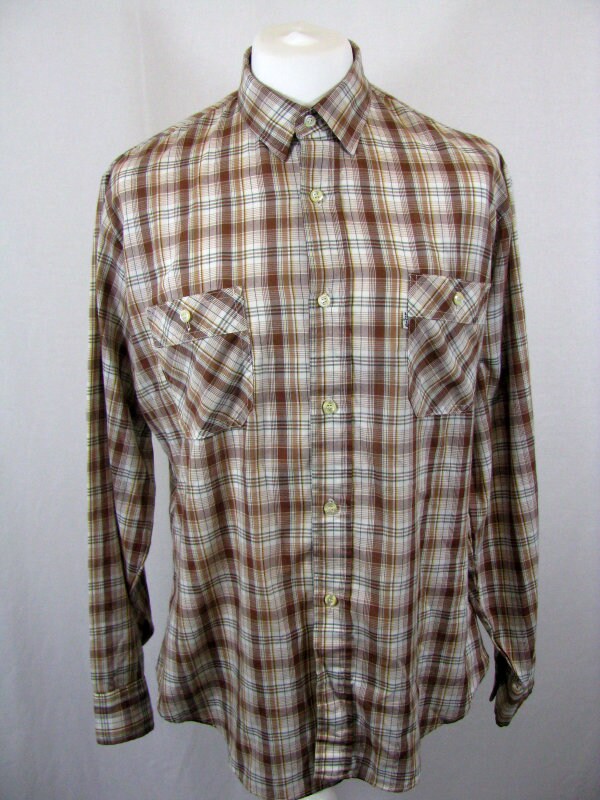 Vintage 80s Levis beige brown green light cotton check plaid shirt size XL