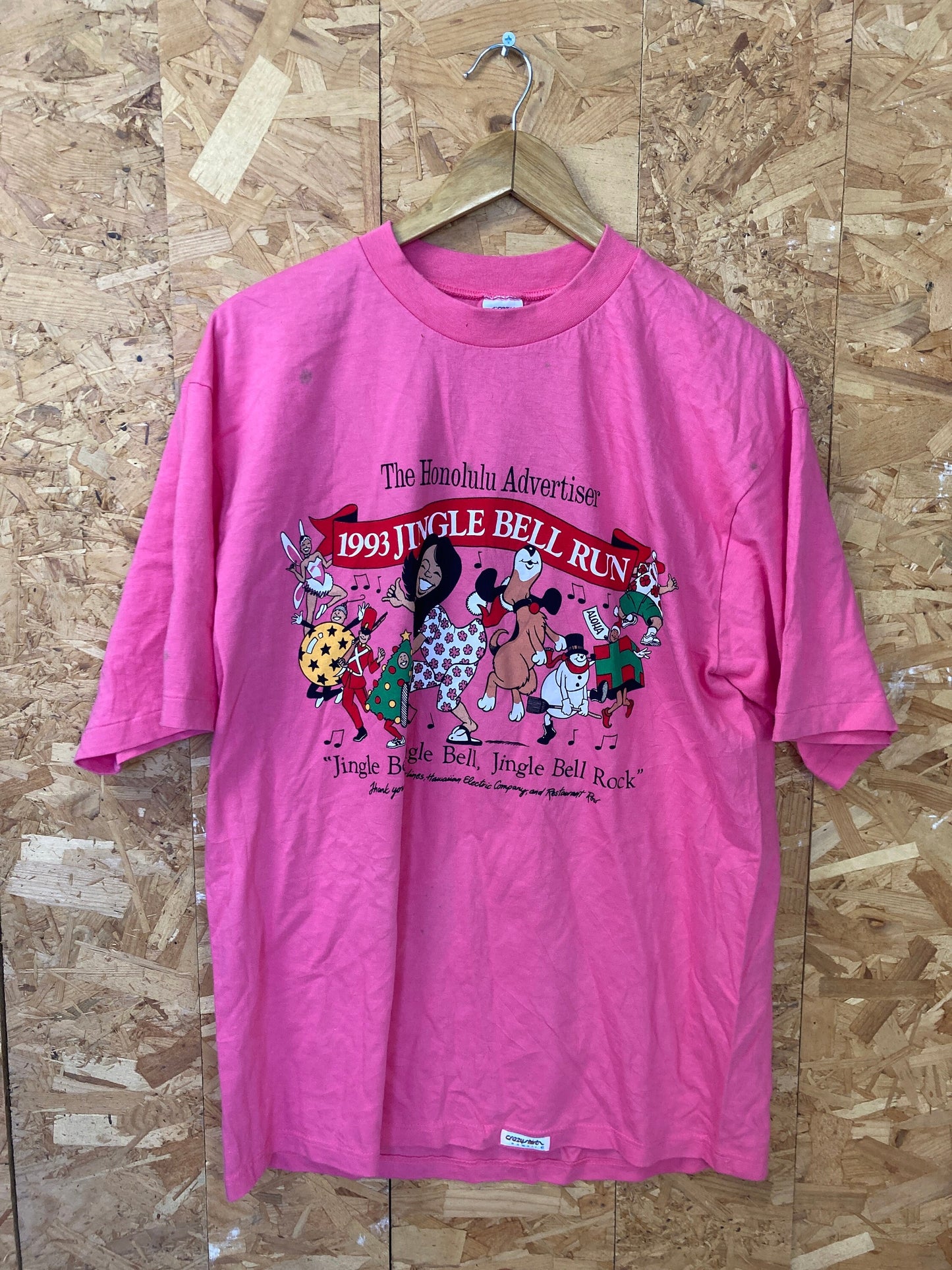 Vintage 90s USA Honolulu Jingle Bell Fun Run souvenir pink t-shirt size large