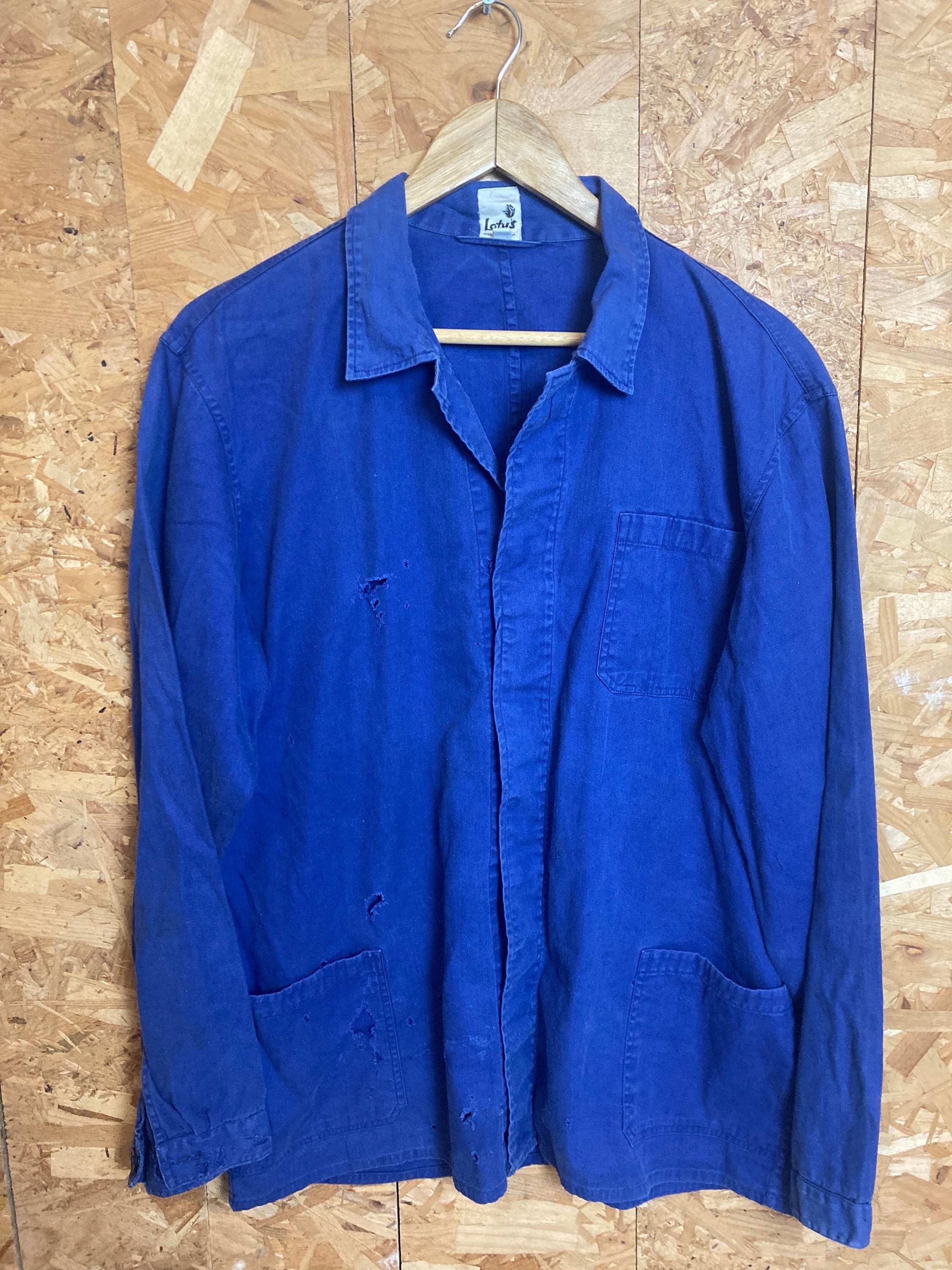 Vintage 80s French blue workers chore sanforized button jacket cotton drill distressed size large by