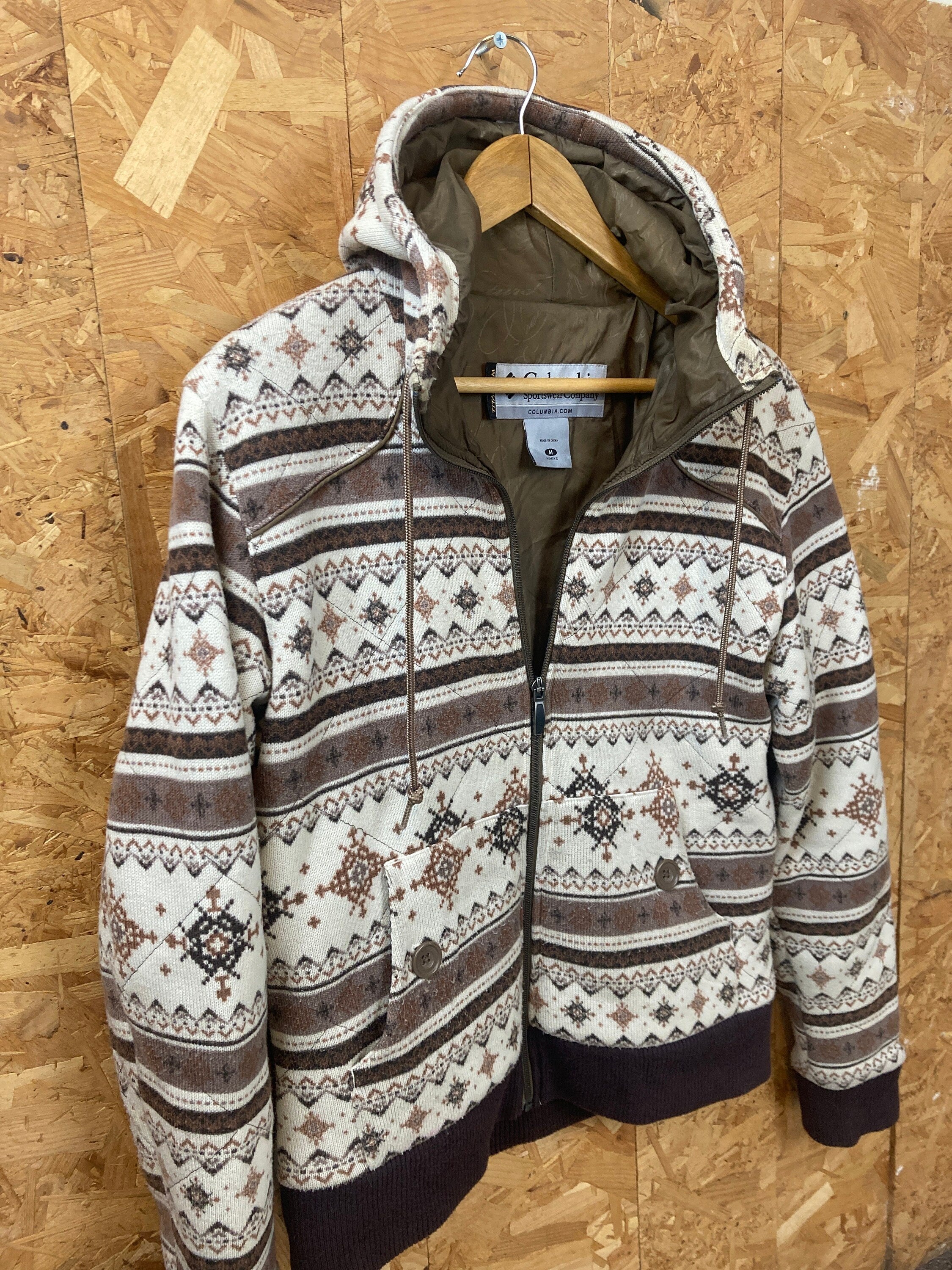 Vintage Y2K Columbia Nordic Icelandic ski pattern fine knit hooded zip cardigan size medium