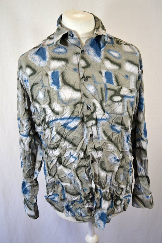 Vintage 90&#39;s grey blue Psychedelic wavy  Pattern long sleeve viscose Shirt size large