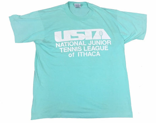 Vintage 80s USA Ithaca New York  High School tennis league pastel green t-shirt size XL