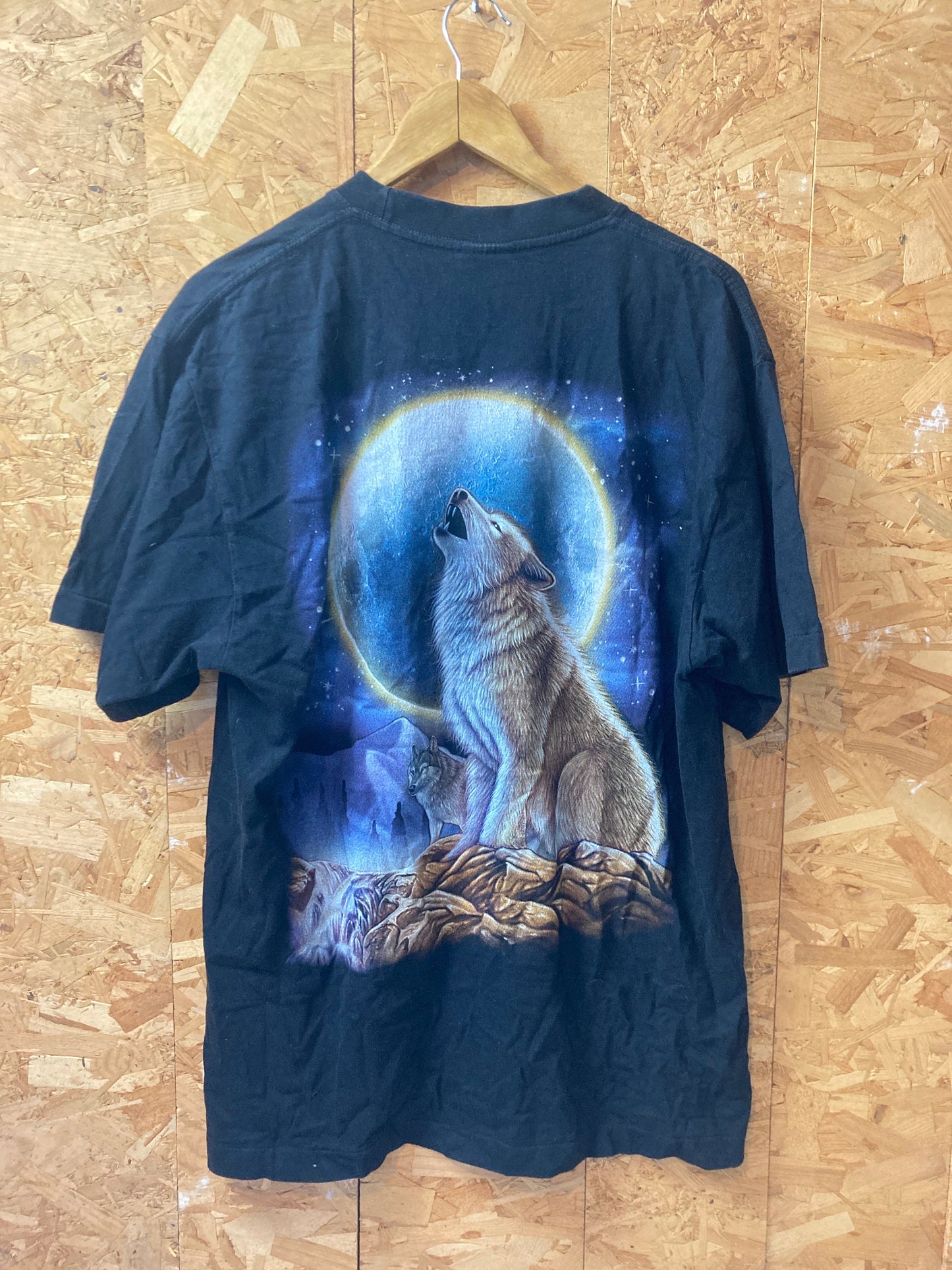 Vintage 00s mystical Native American wolf moonlight double side print t shirt size XL black