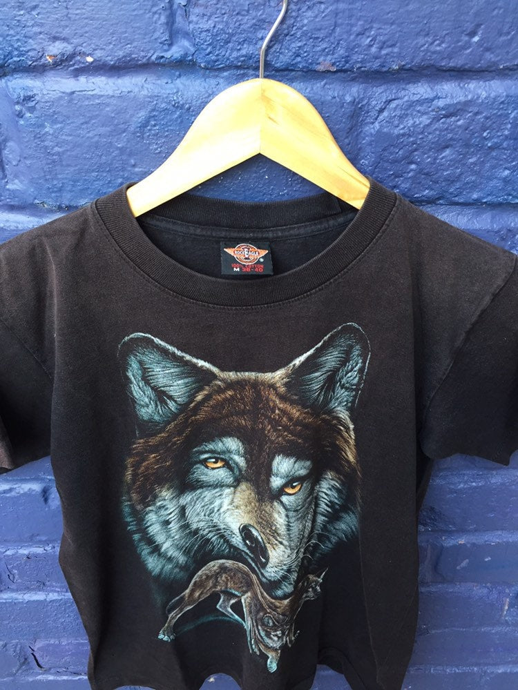 Vintage Wolf animal printed nature scene black t-shirt size small