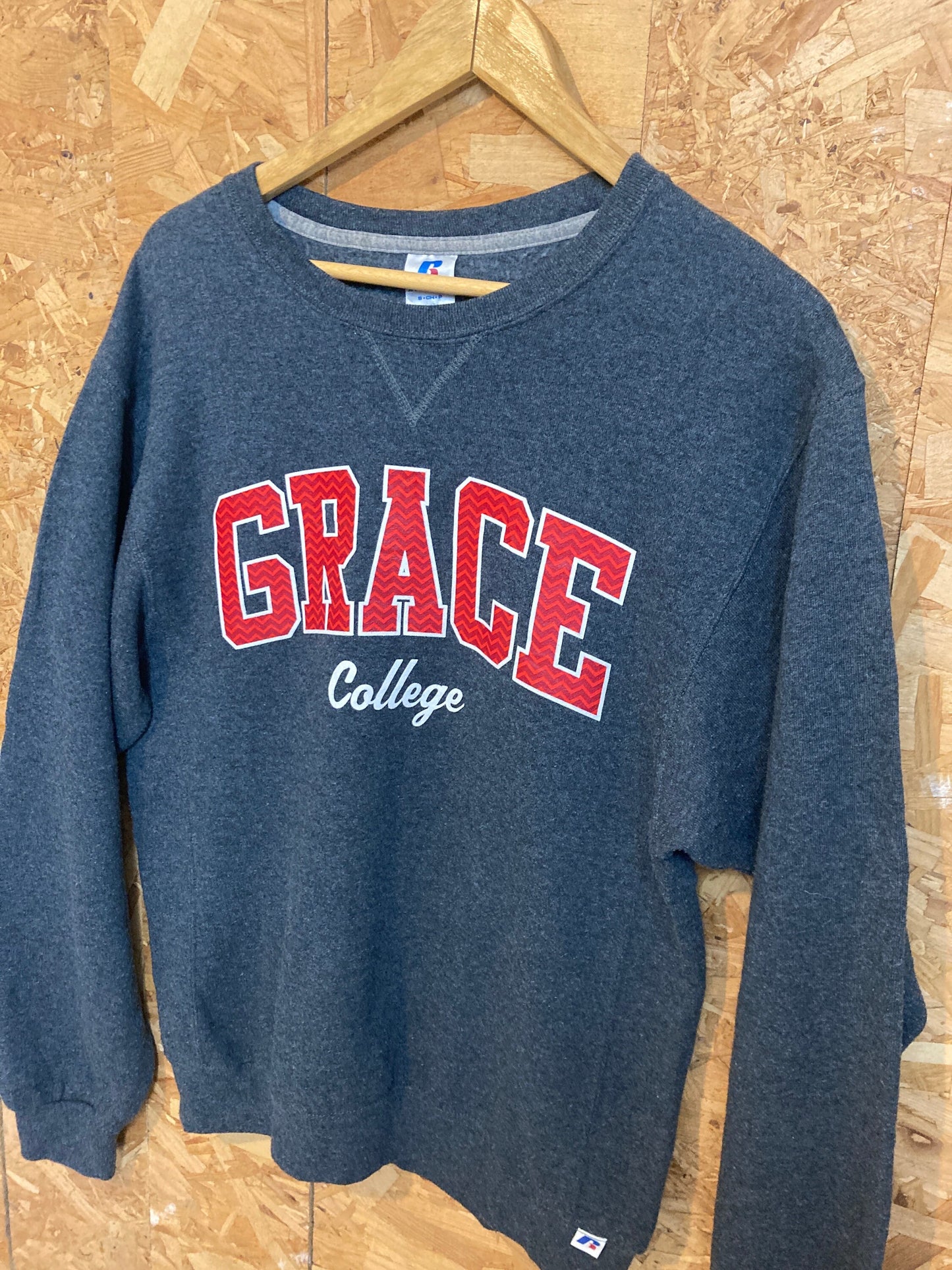 Vintage 90s Grace College grey red crew neck sweater size small by Russel Athletic