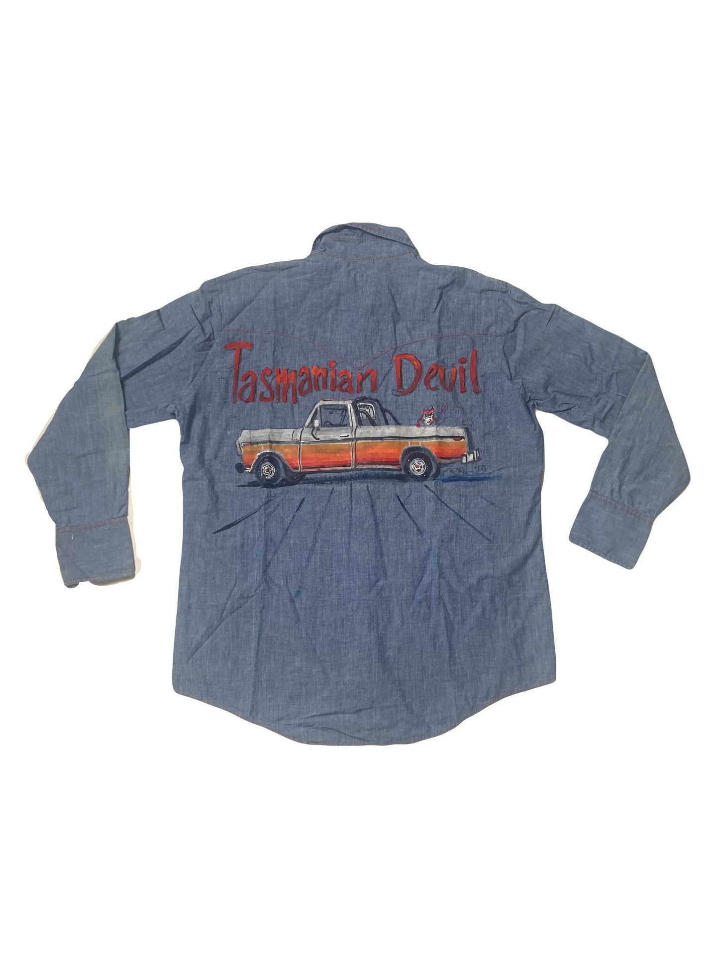 Vintage 80s Western Tasmanian Devil Hand Painted Folk Art pickup truck Shirt Size Medium