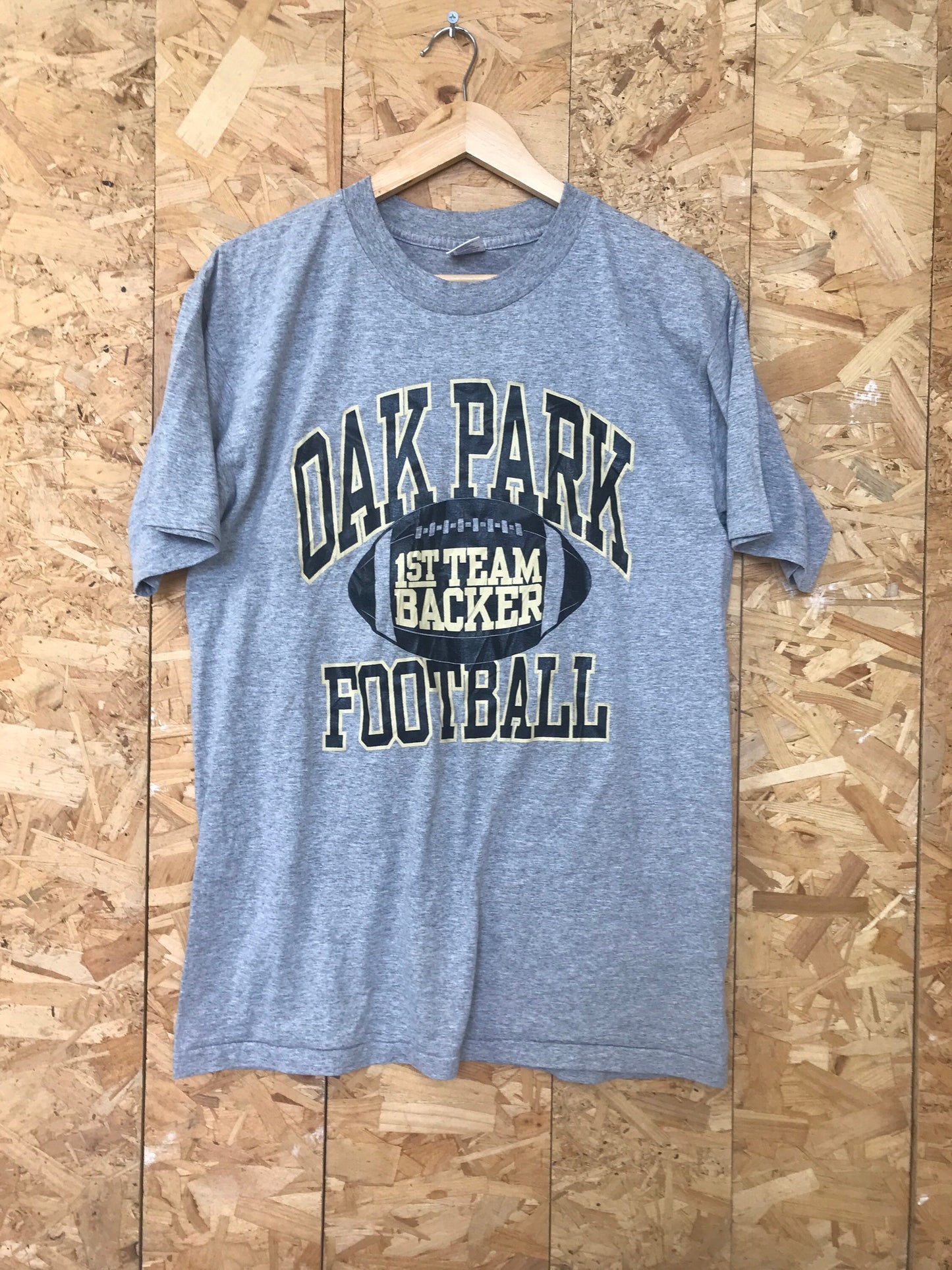 Vintage 90s USA college Oak Park Football 1st team backer souvenir grey t-shirt size large