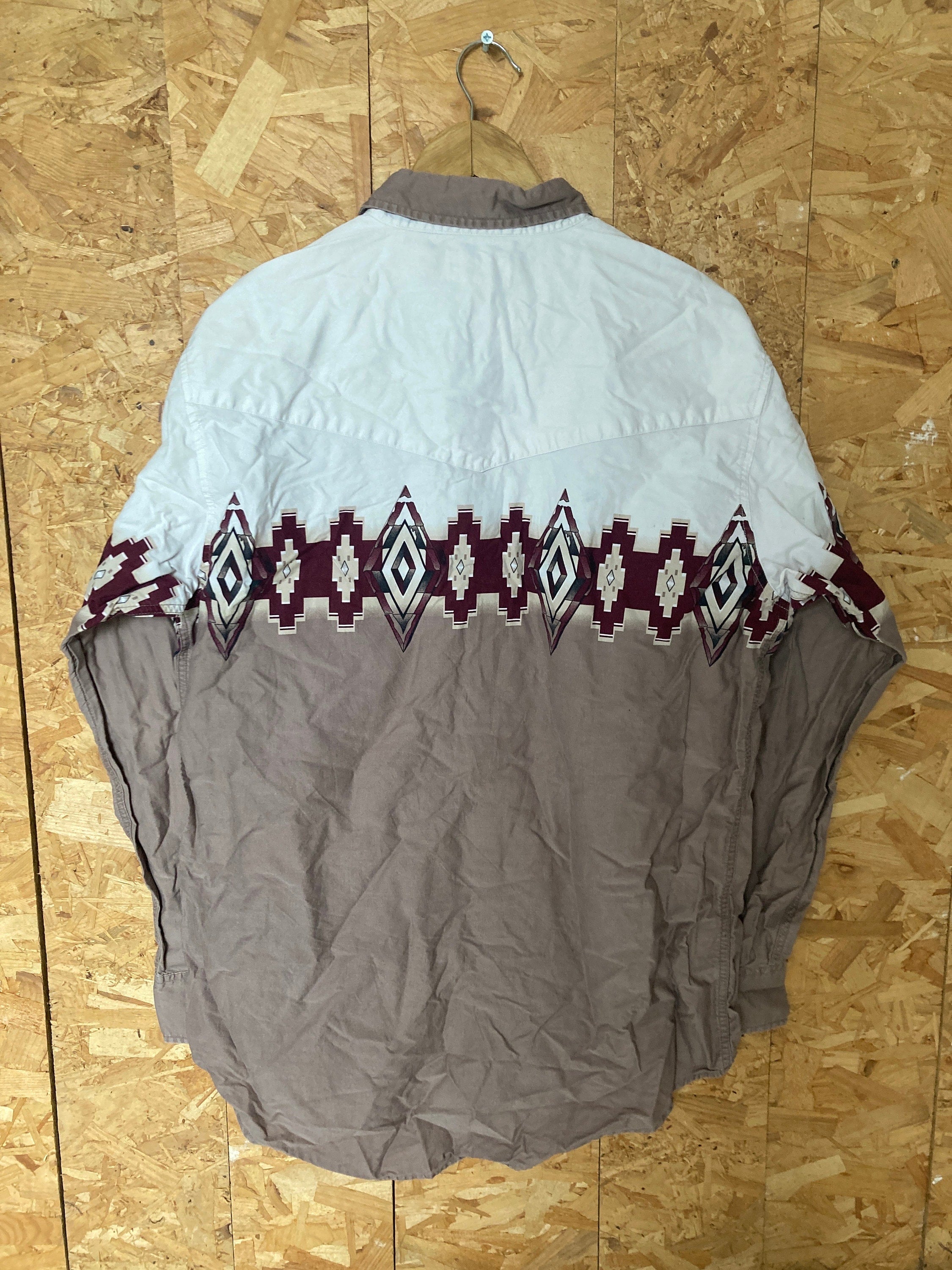 Vintage 90s light brown red white western aztec print cowboy shirt size large by Express Riders