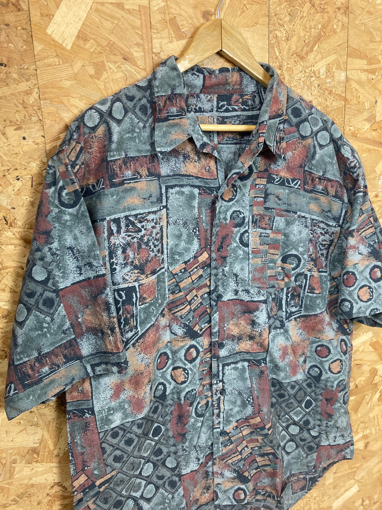 Vintage 90s brown grey grungy ugly pattern sketchbook print party summer mens short sleeve shirt siz