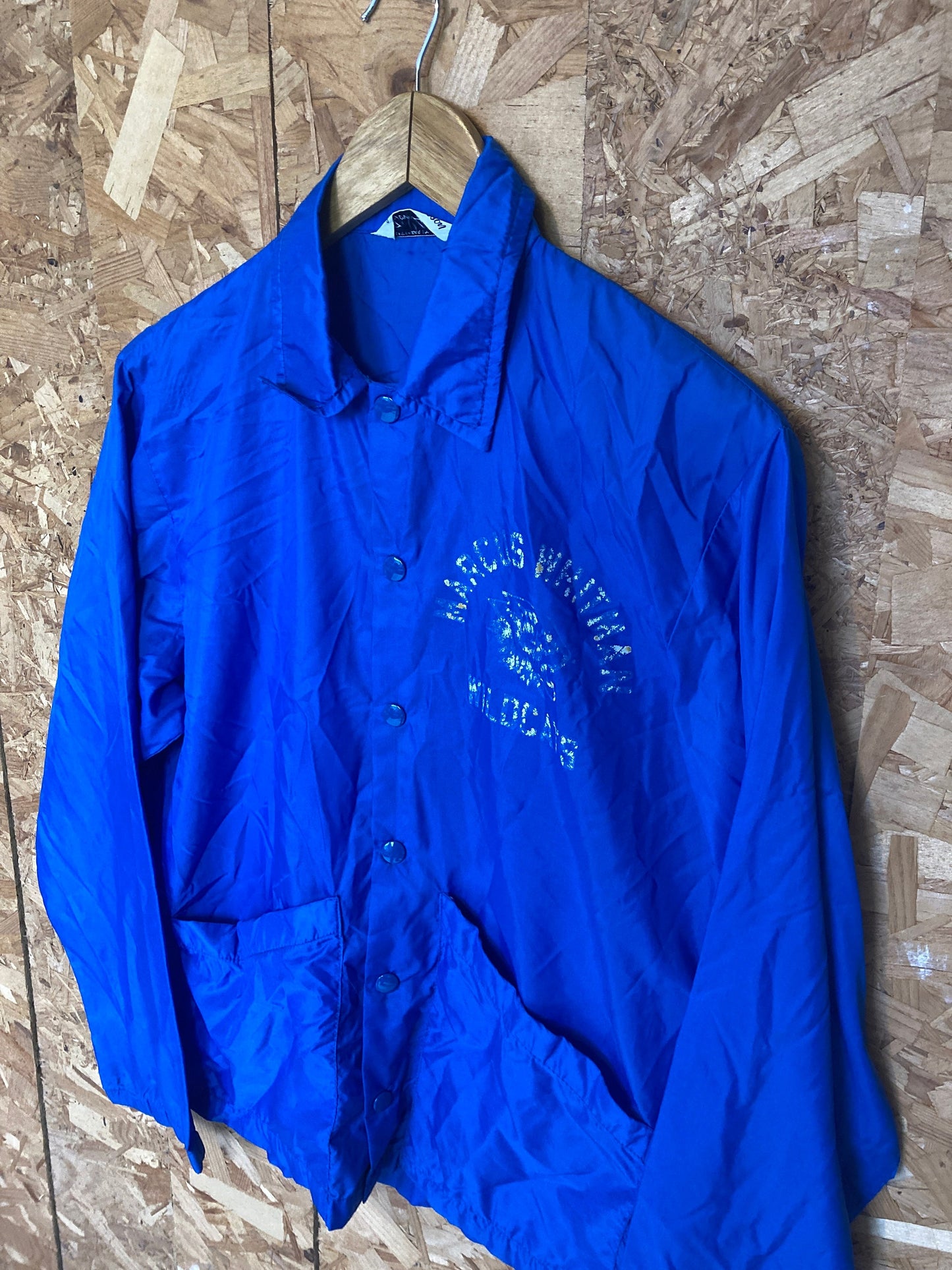 Vintage 70s blue distressed Marcus Witman Wildcats USA college sports coach track jacket windbreaker