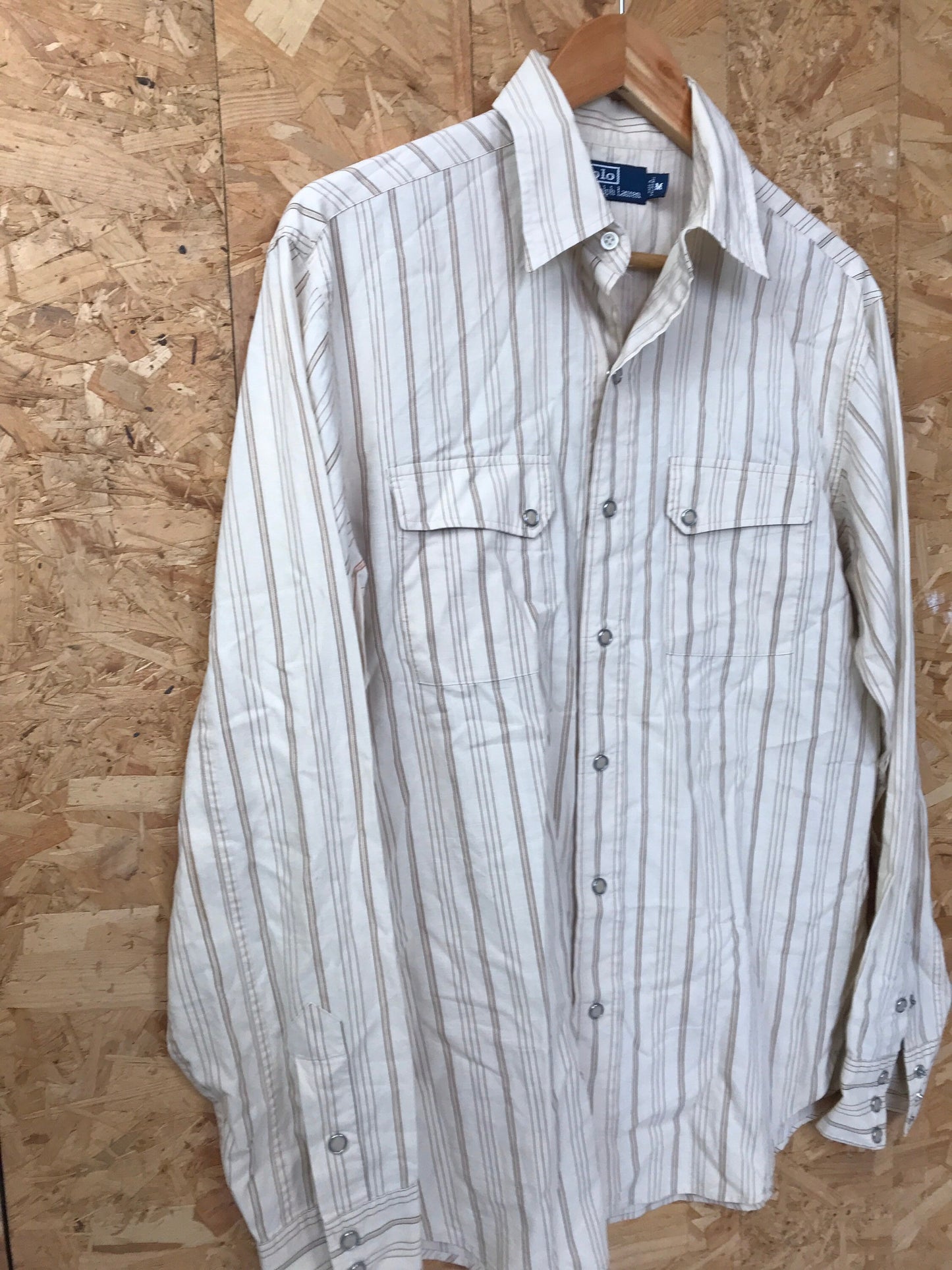 Vintage 90s Polo Ralph Lauren beige striped western cowboy cowgirl rodeo ranch wear shirt size medium