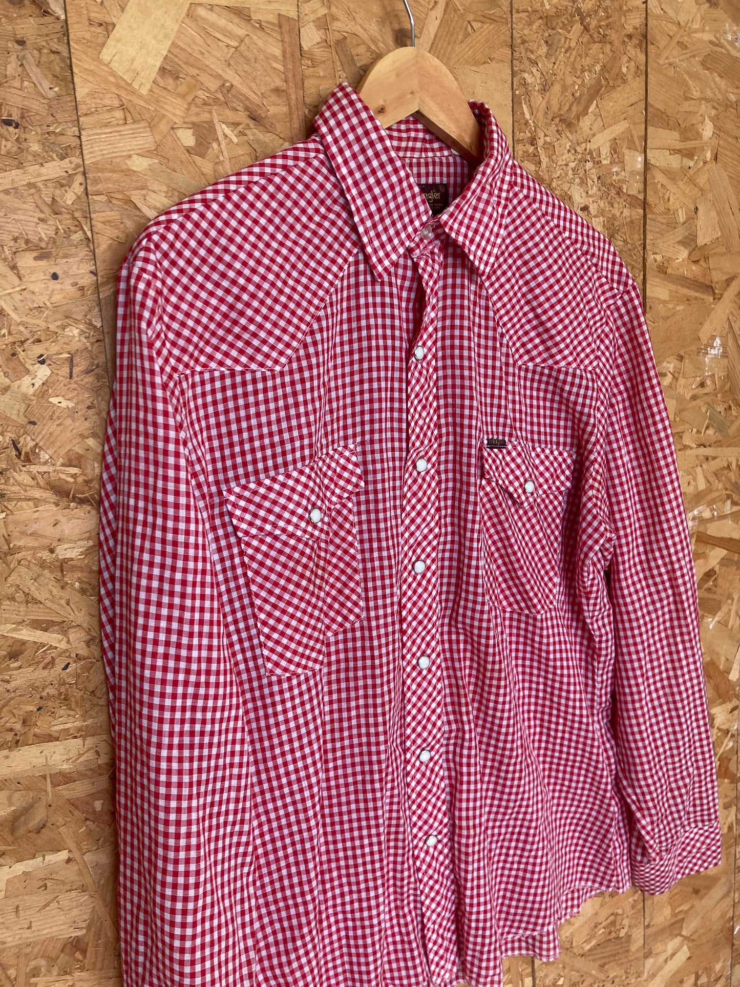 Vintage 70s Wrangler red fine check cheesecloth western cowboy cotton check shirt size large