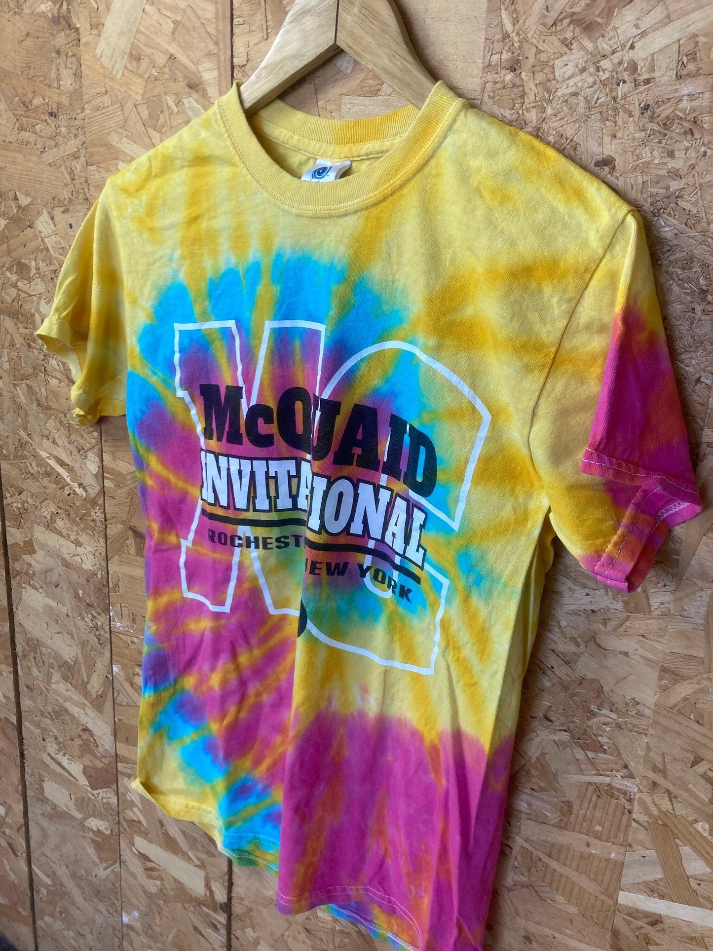 Vintage 90s McQuaid Invitational Rochester New York USA pink yellow blue rainbow tie dye souvenir festival t-shirt size small