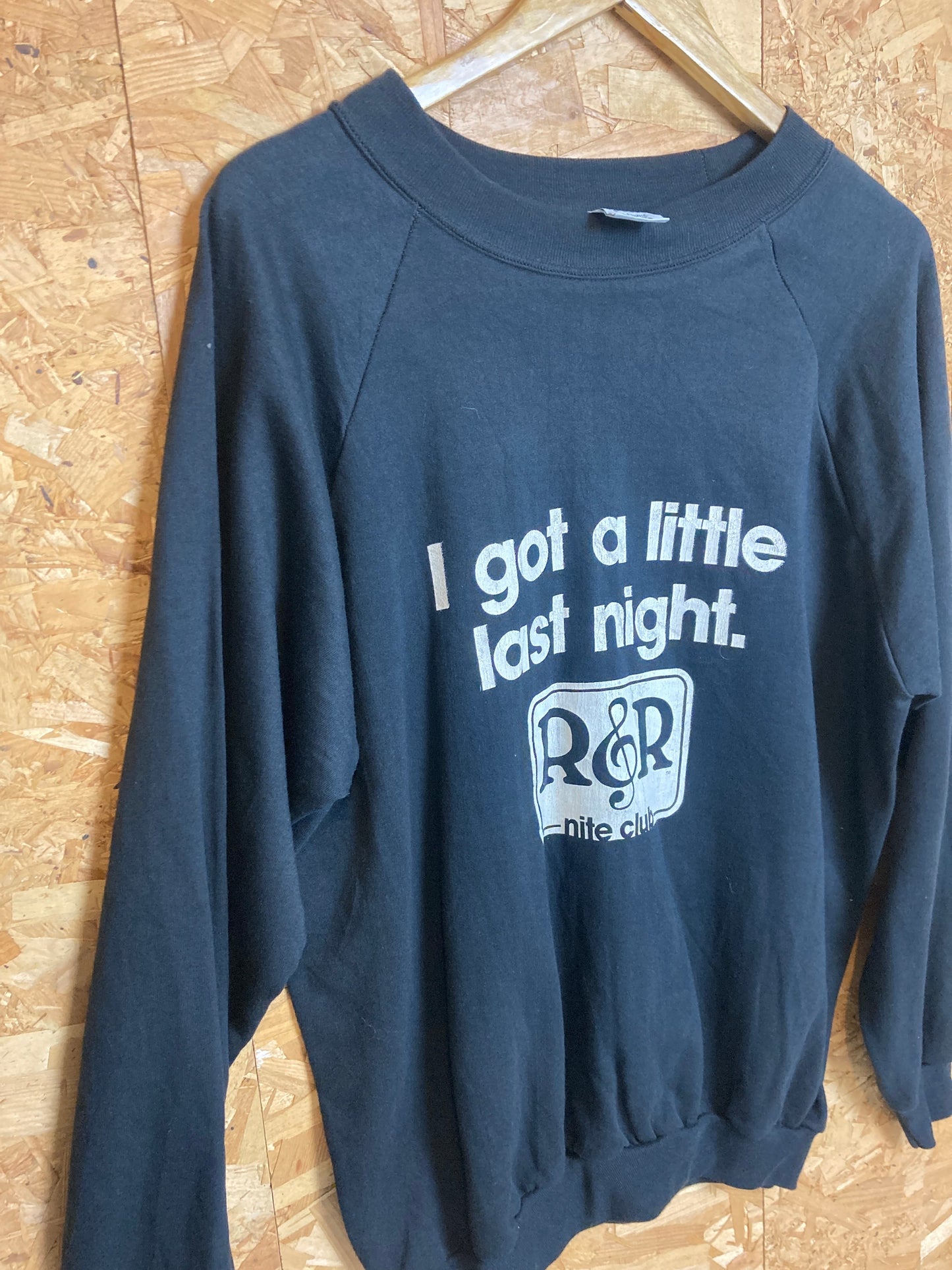 Vintage 80s R&R Nite Club “I got a little last night” usa souvenir black crew neck sweater size large