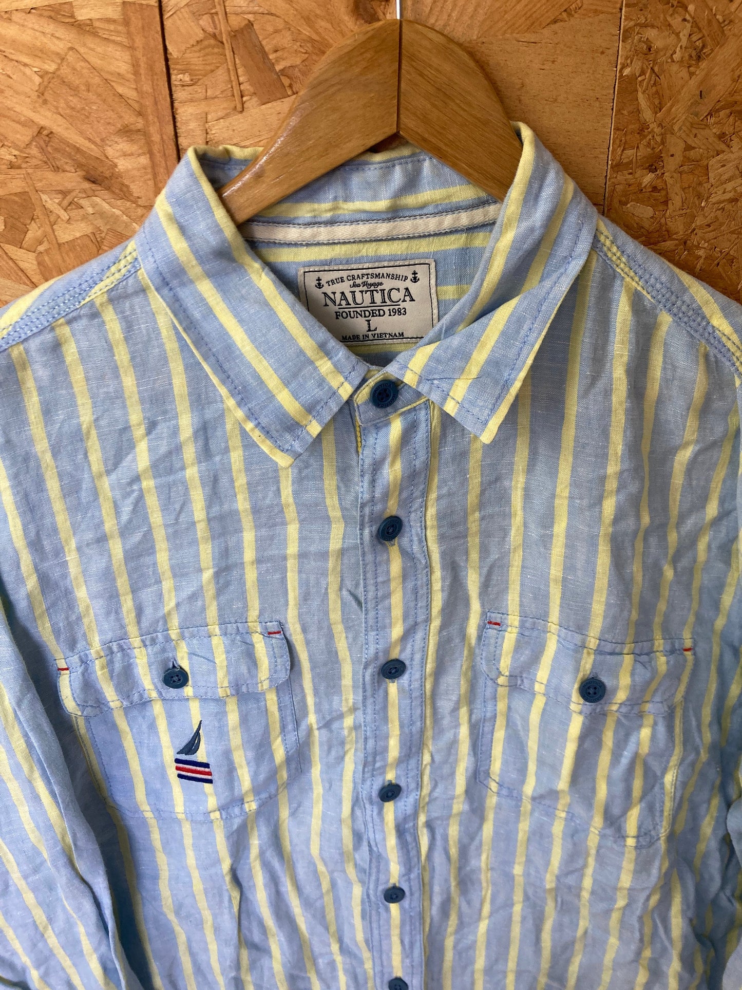 Vintage Y2K Nautica pastel blue yellow striped 100% linen preppy sailing long sleeve shirt size larg