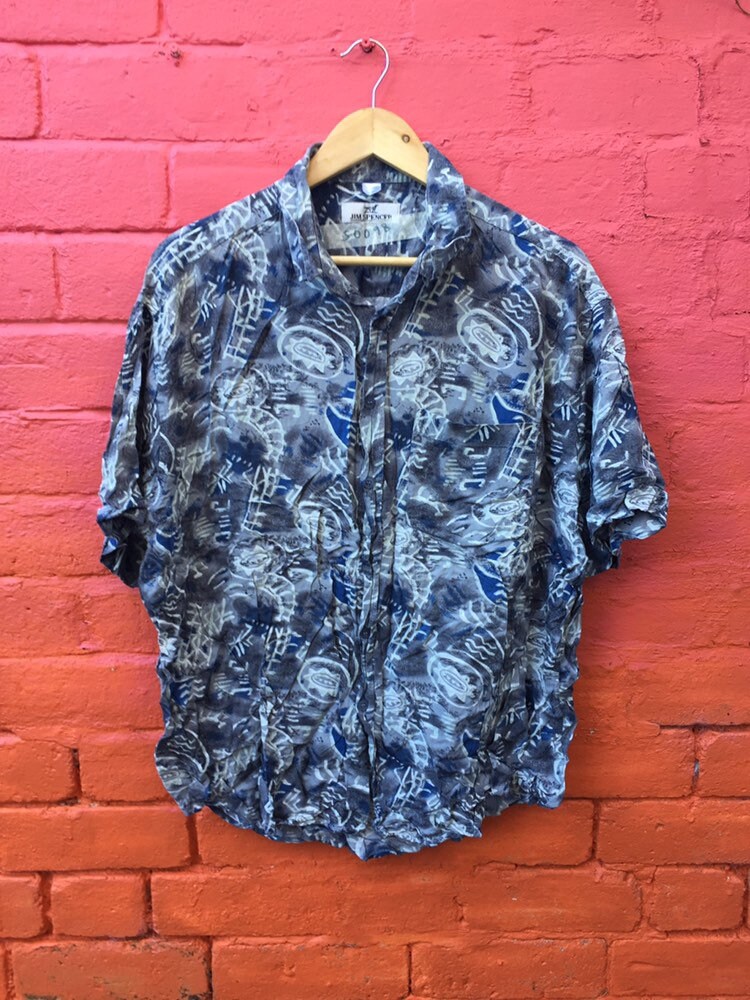 Vintage 90&#39;s charcoal grey blue Wavy Ugly Abstract Pattern Hawaiian style rayon Shirt oversized