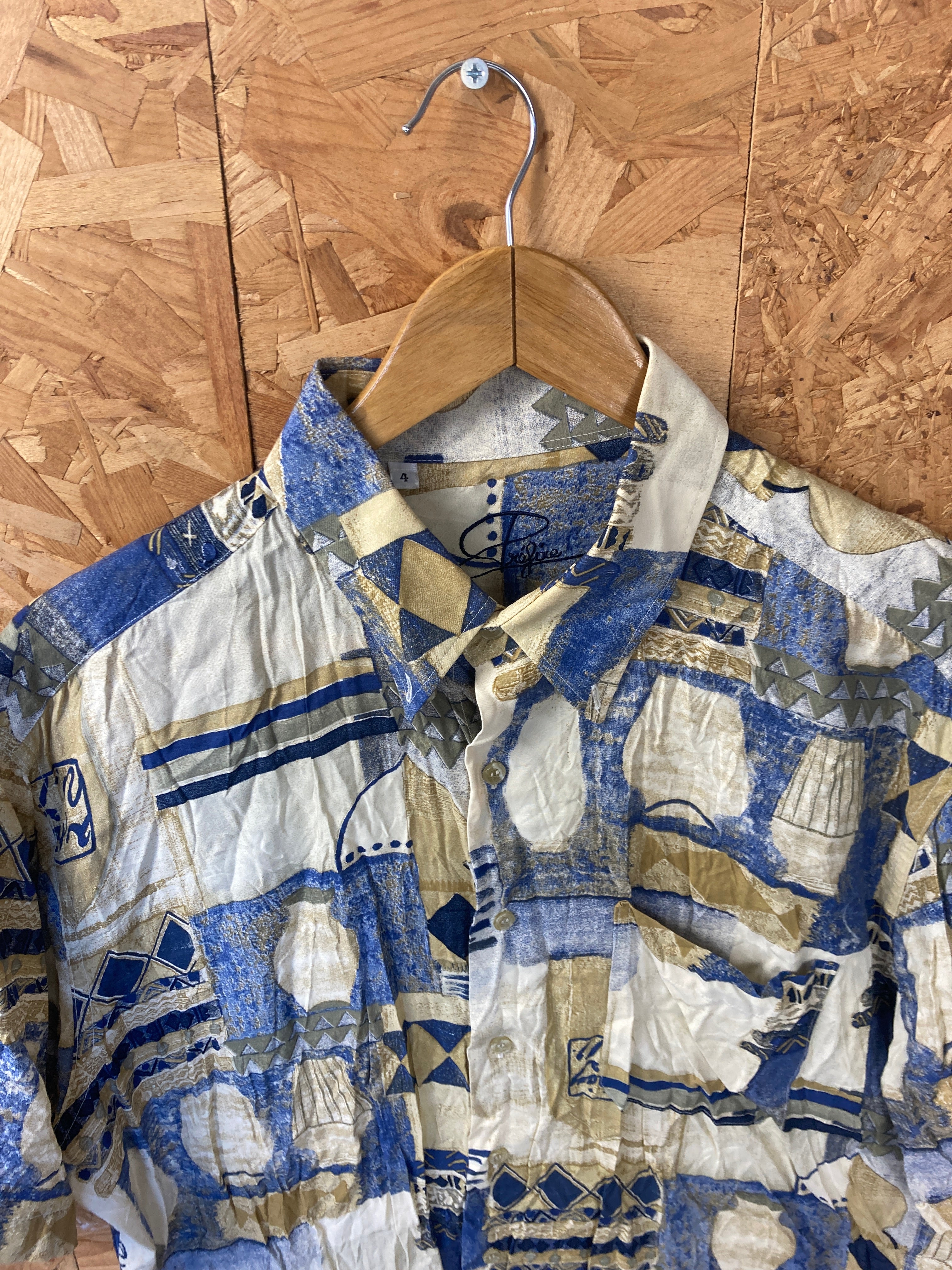 Vintage 90s beige blue abstract pattern short sleeve ugly party shirt size large
