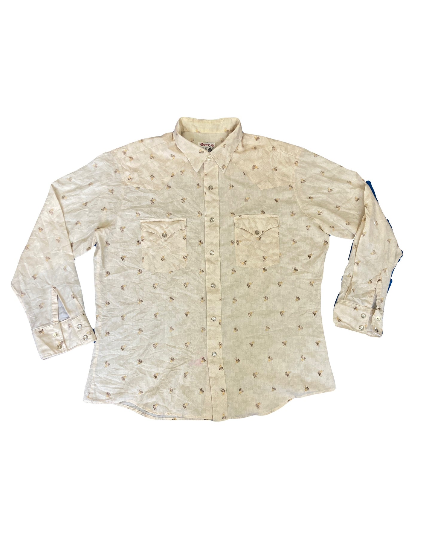 Vintage 80s beige muted pattern western cowboy pearl snap button shirt size large