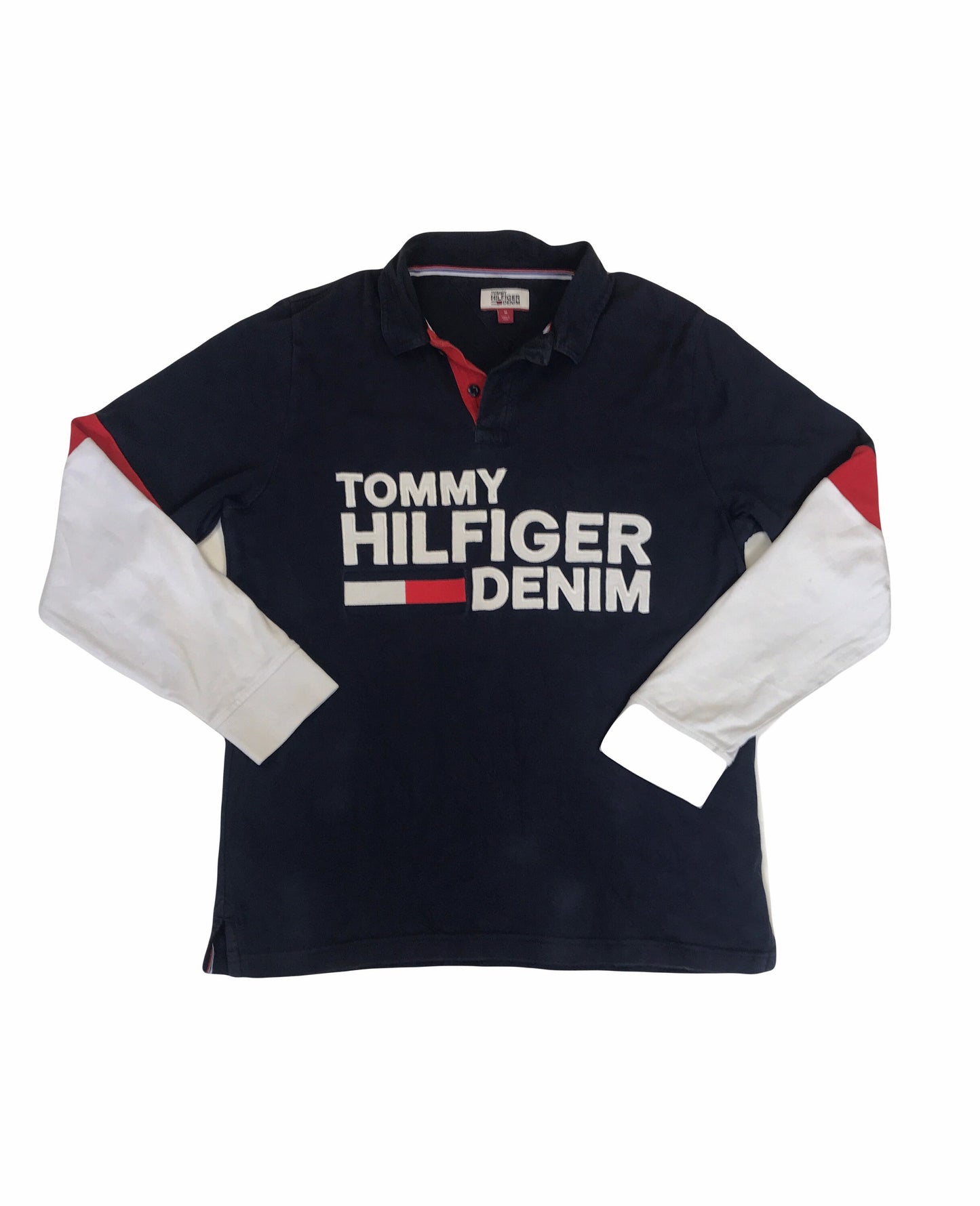 Vintage Y2K Tommy Hilfiger Spell out navy blue white long sleeve polo shirt/sweater size medium