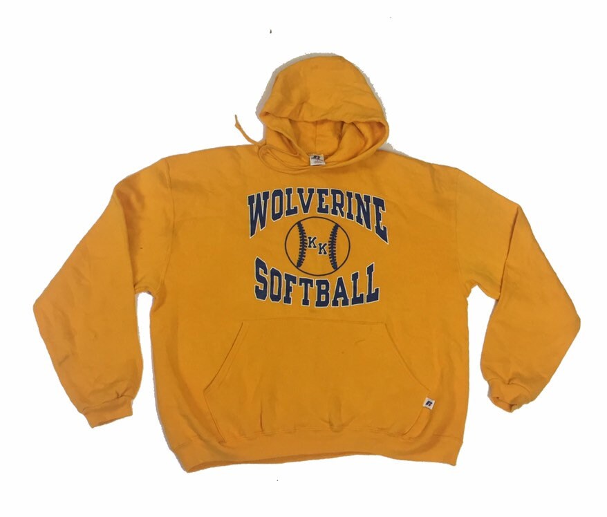 Vintage 90 Wolverine Softball USA College varsity yellow hoodie by Russell Athletic size large