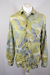 Vintage 90s C&A light olive green watercolour Abstract Pastel Plant Print viscose Shirt size large