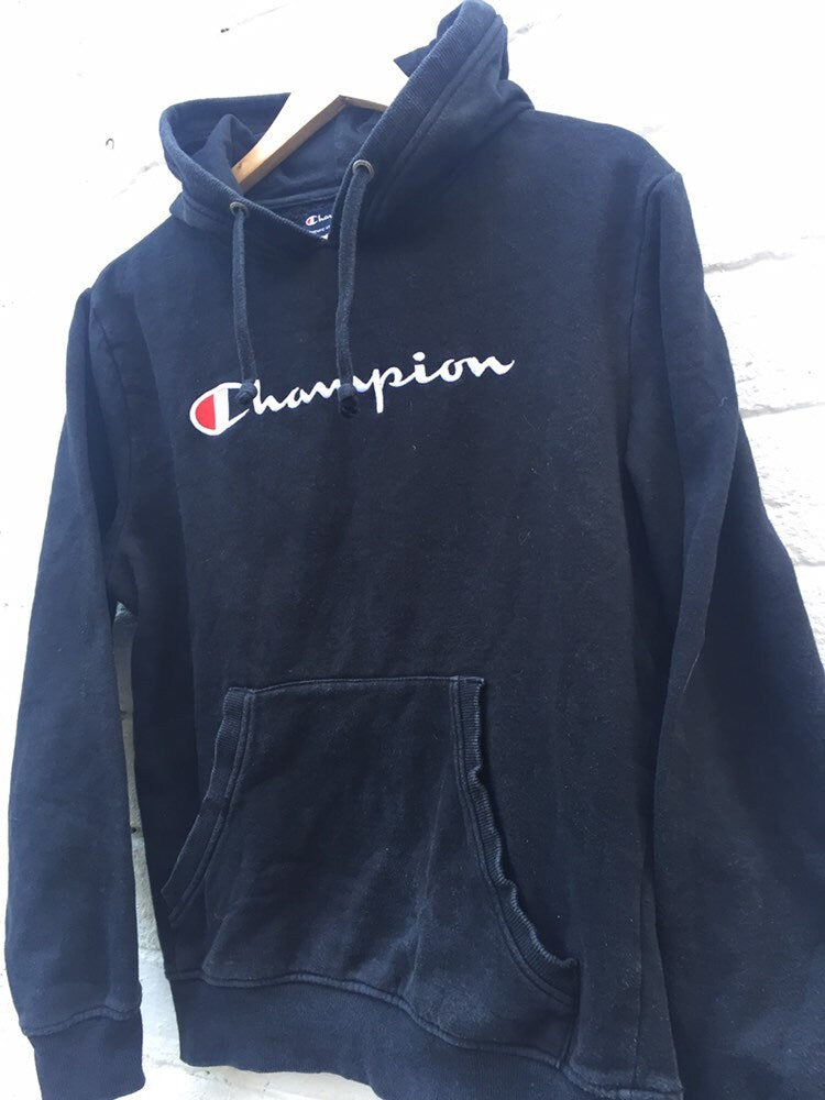 Vintage 90s Champion black embroidered spell out hoodie size small