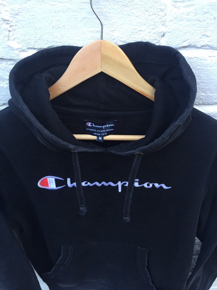 Vintage 90s Champion black embroidered spell out hoodie size small