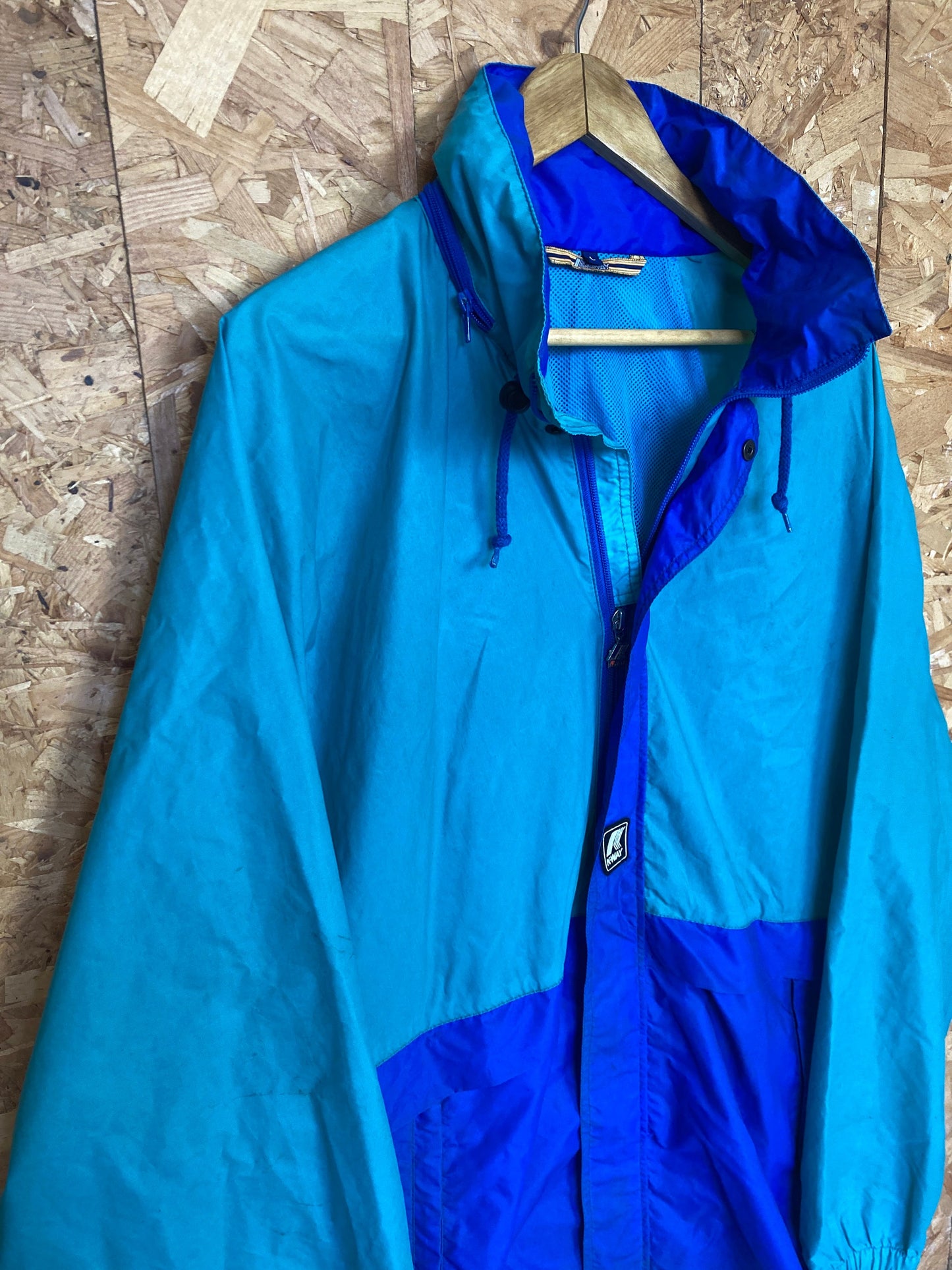 Vintage 90s K-Way blue green raincoat windbreaker waterproof rain jacket size large